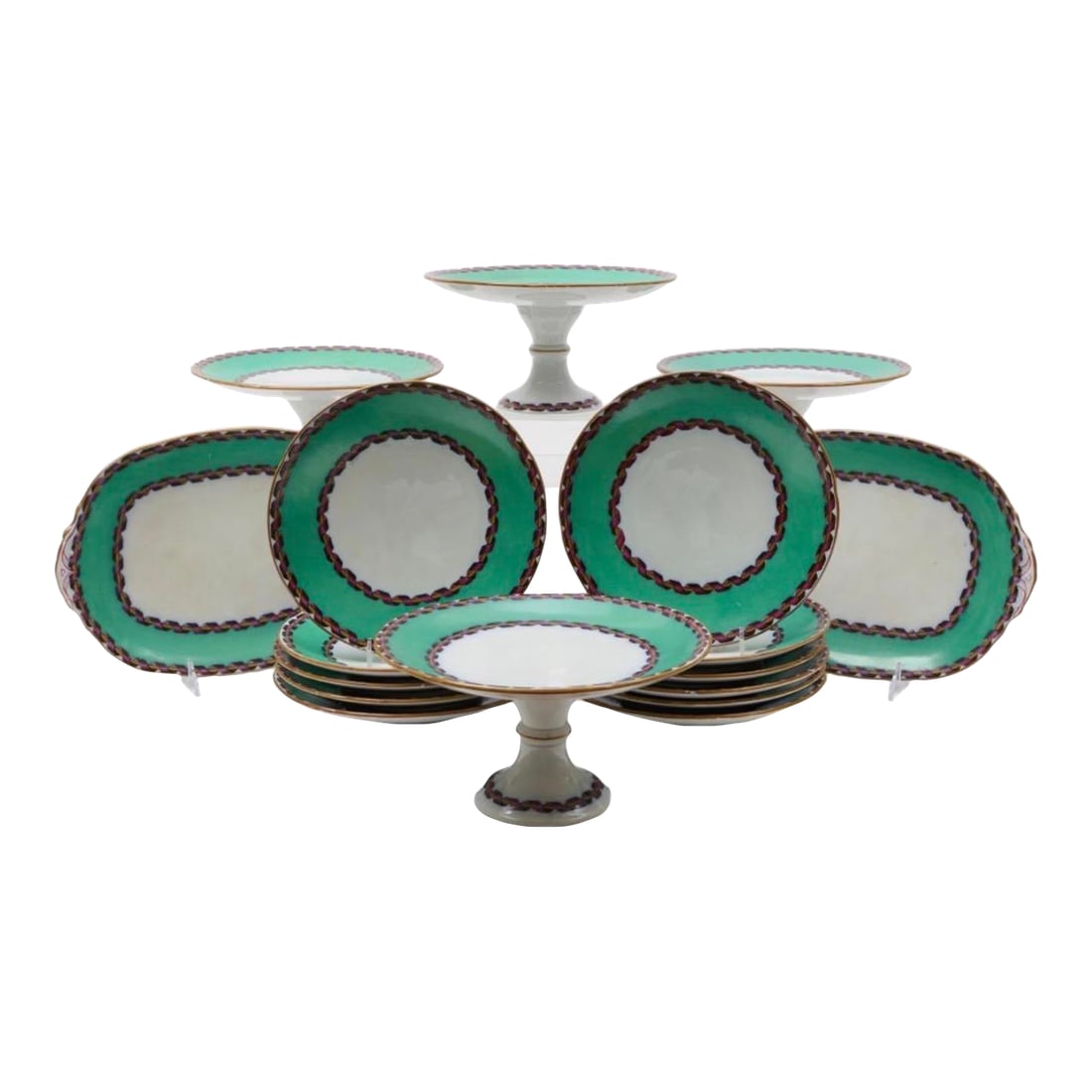 19th Century English Green Porcelain Dessert or Dinner Service Plates and Footed Compotes (1 of 15)