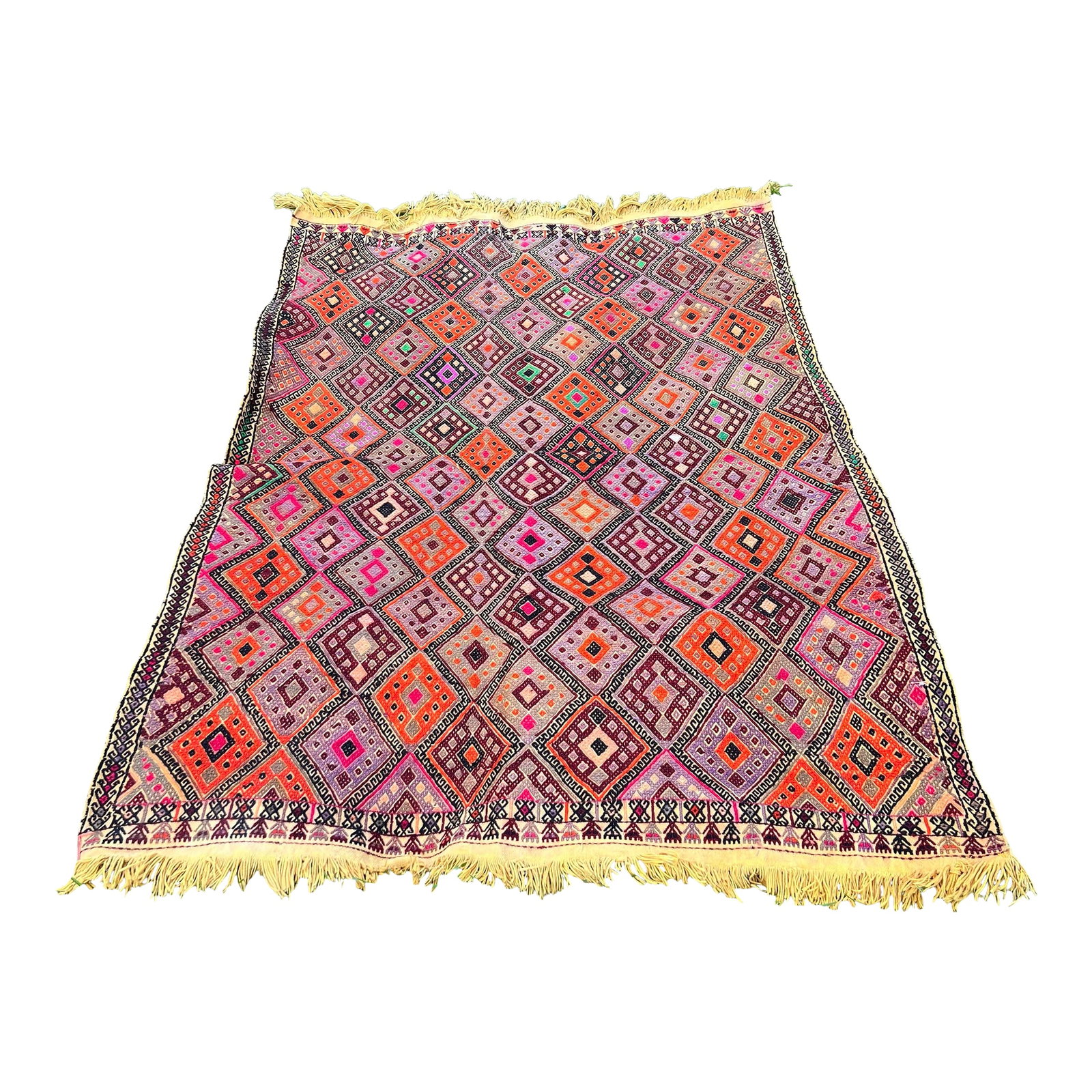 1960s Nomadic Embroidery Cecim Kilim Rug: All rugs have been professionally cleaned; original condition is not altered, age-related wear is considered normal in these unique, hand woven vintage rugs. It is common for slight variations in