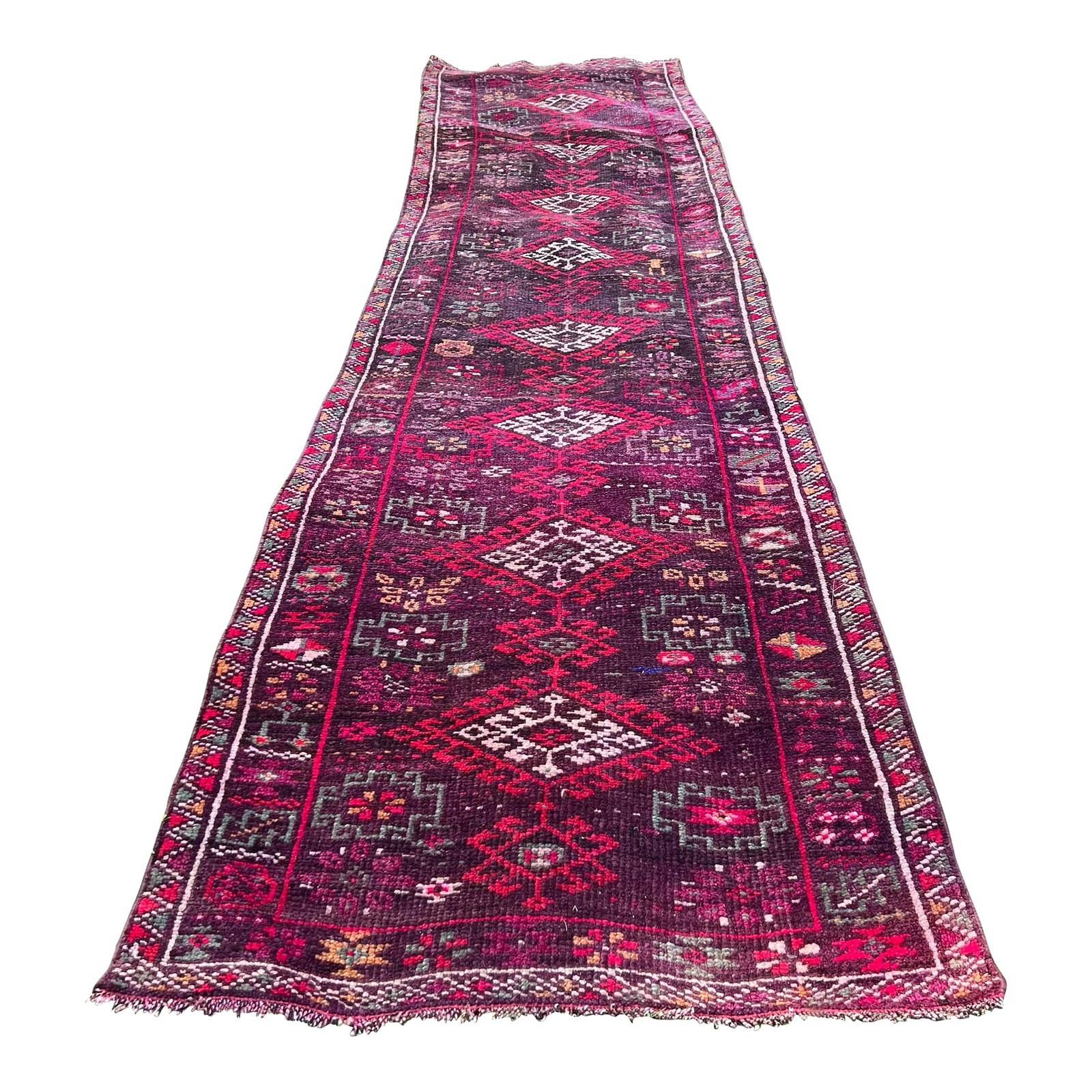 1940s Vintage Handmade Purple Herki Runner Rug: All rugs have been professionally cleaned; original condition is not altered, age-related wear is considered normal in these unique, hand woven vintage rugs. It is common for slight variations in wear