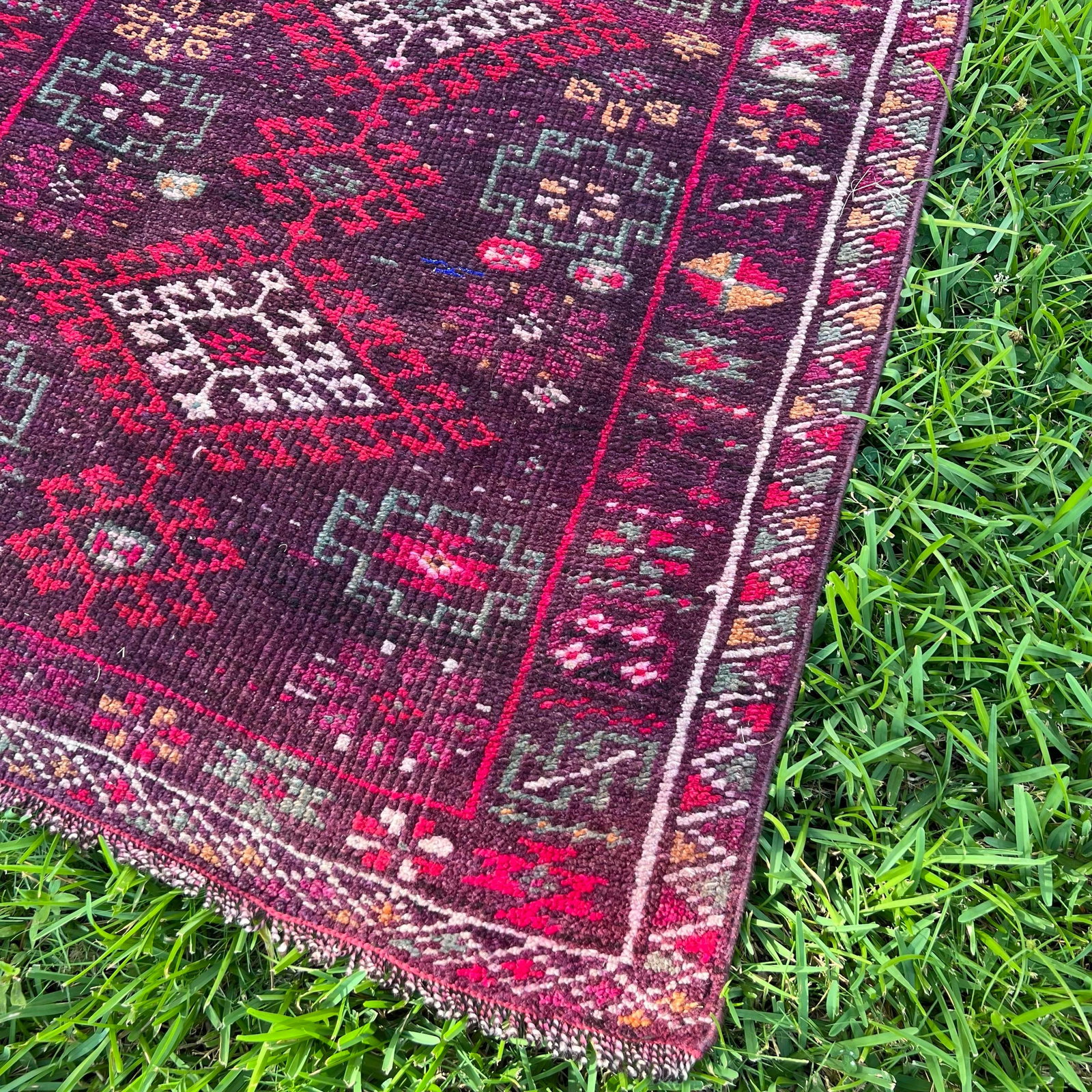 1940s Vintage Handmade Purple Herki Runner Rug - 2
