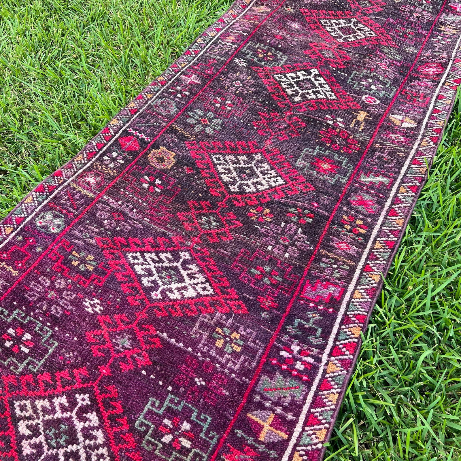 1940s Vintage Handmade Purple Herki Runner Rug - 4