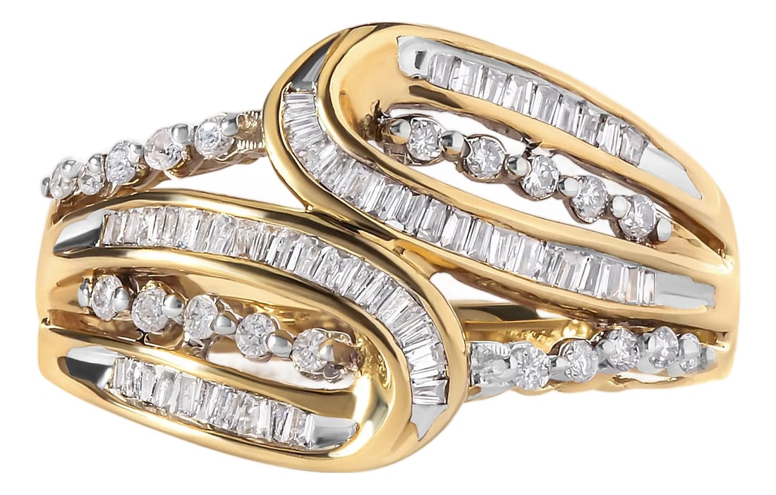 10K Yellow Gold 1/2 Cttw Round and Baguette cut Diamond Open Space Bypass Ring (H-I Color, SI2-I1 Cl: This stunning 10K yellow gold ring is the epitome of elegance and sophistication. With a unique open space bypass design, this ring is sure to turn heads. The round and baguette cut diamonds add a