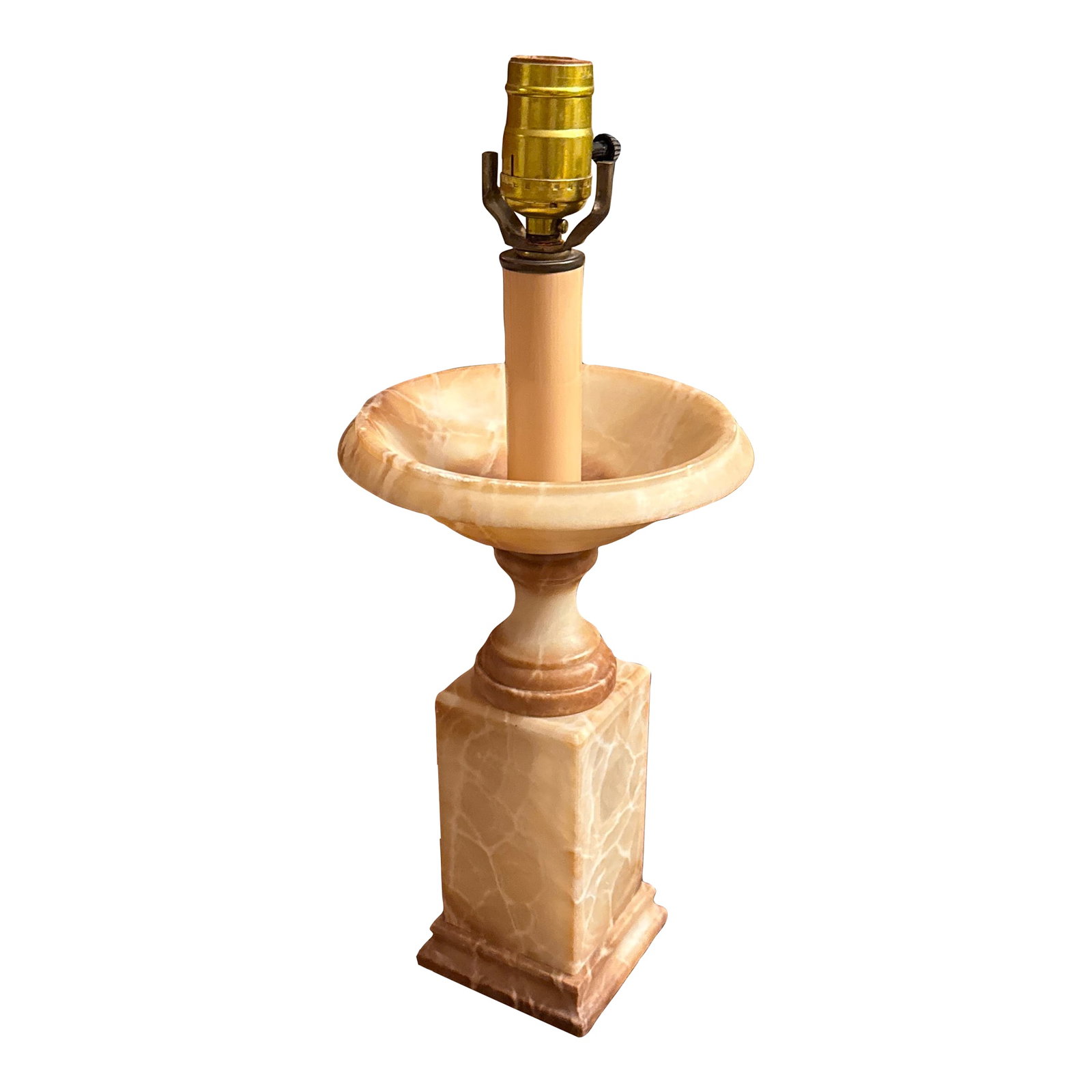 Antique Alabaster Urn Lamp: Wonderful, antique Italian carved alabaster lamp in the form of a shallow urn on a square pedestal base. Soft neutral colors, mounted with a faux candlestick and standard base socket. The light