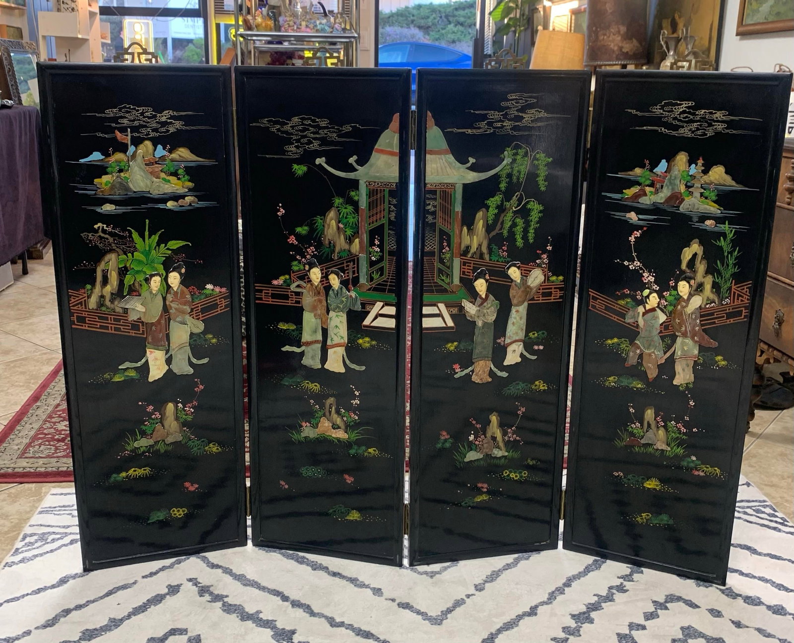 Vintage Hand-Painted Chinese Lacquer Wall Panel Set (4 Panels) - 2