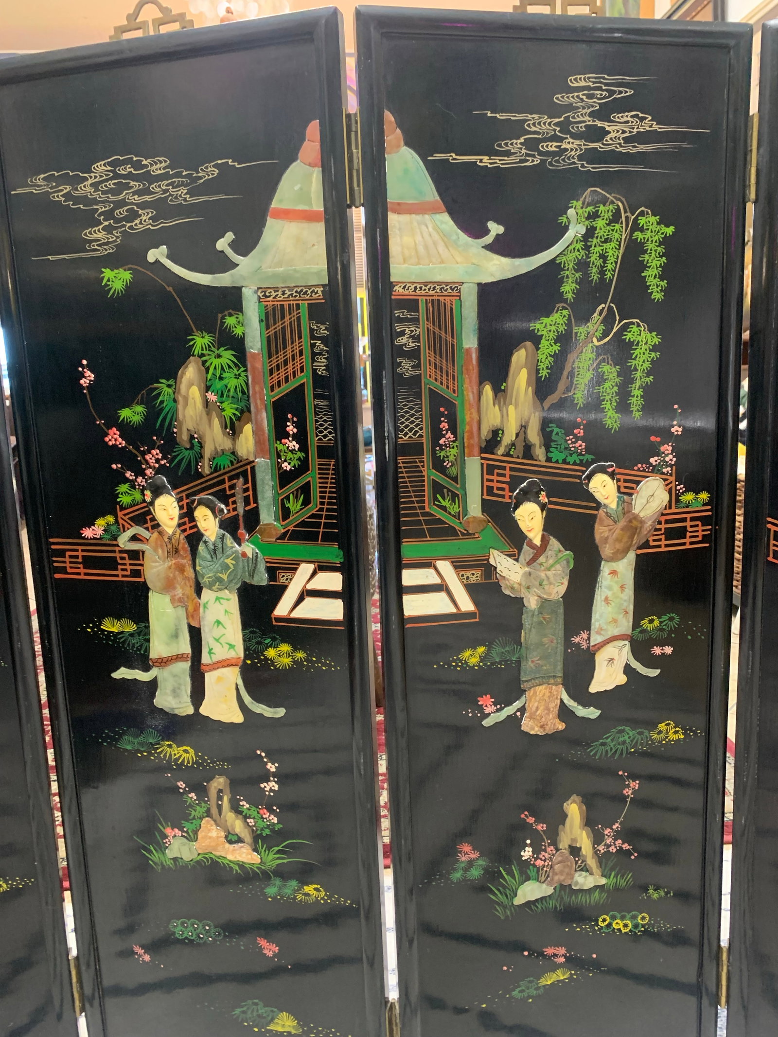 Vintage Hand-Painted Chinese Lacquer Wall Panel Set (4 Panels) - 4