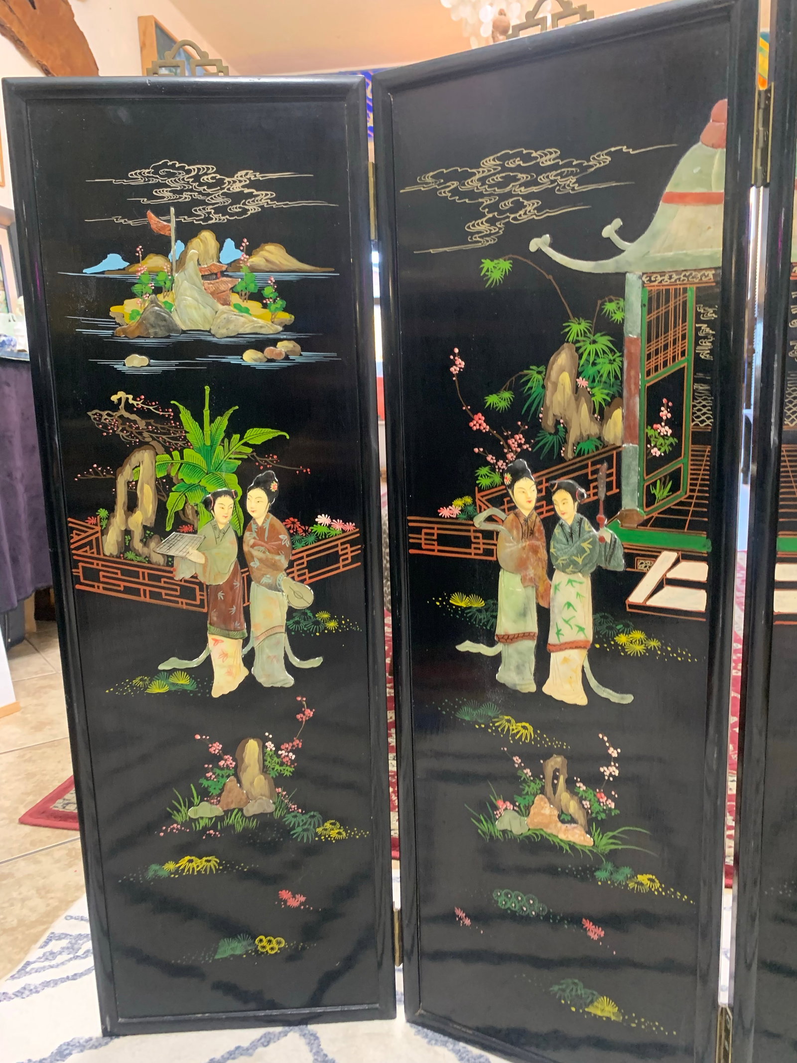 Vintage Hand-Painted Chinese Lacquer Wall Panel Set (4 Panels) - 7
