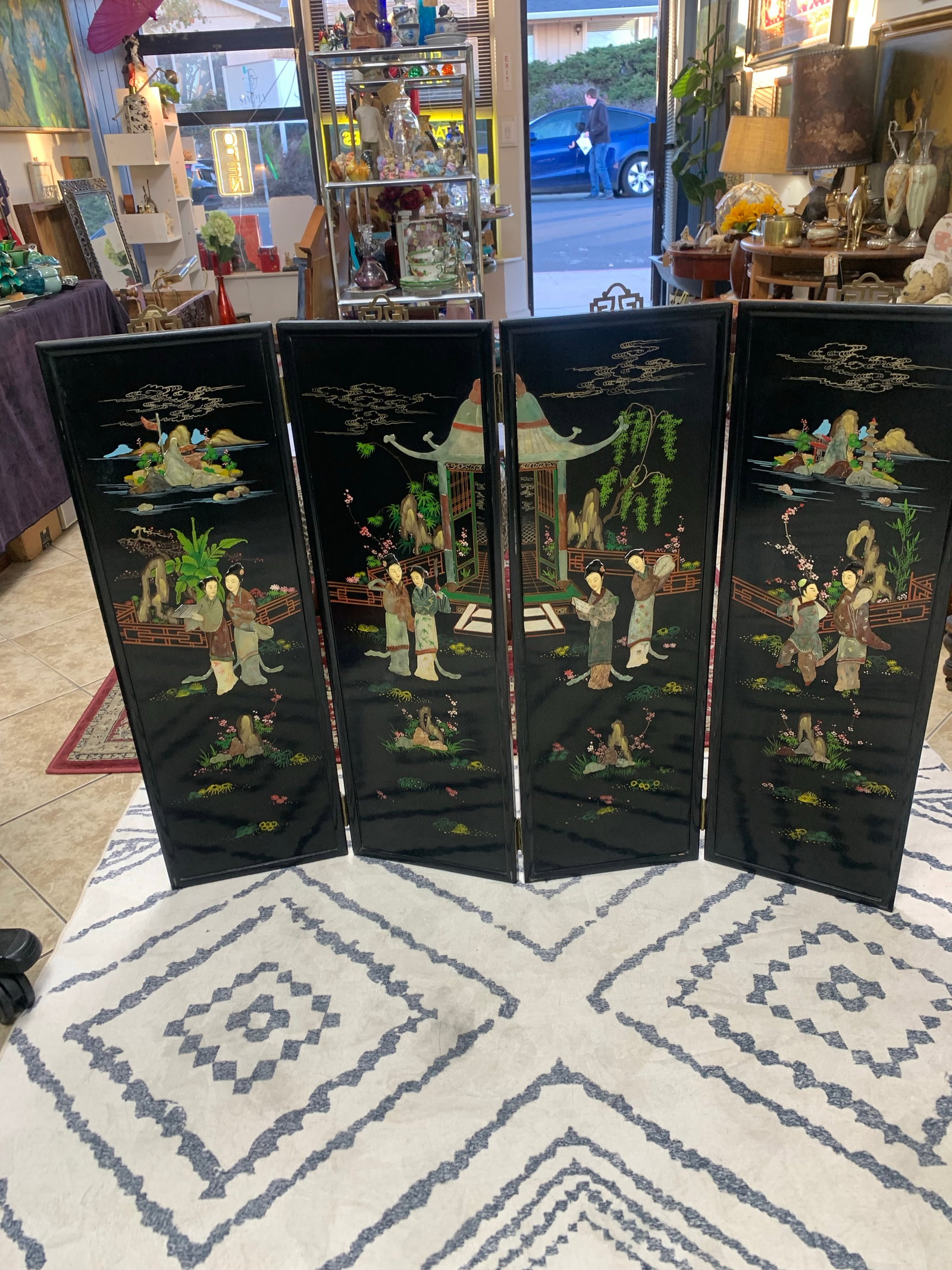 Vintage Hand-Painted Chinese Lacquer Wall Panel Set (4 Panels) - 8