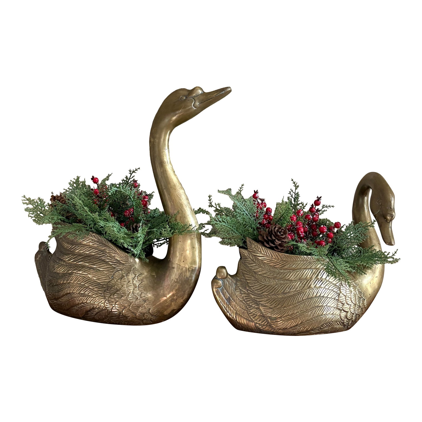 Vintage Brass Swan Planters: :sparkles:Vintage brass elegance meets festive charm:sparkles: These stunning brass swan planters bring a warm holiday glow to any space. Filled with evergreen sprigs, bright winter berries, and