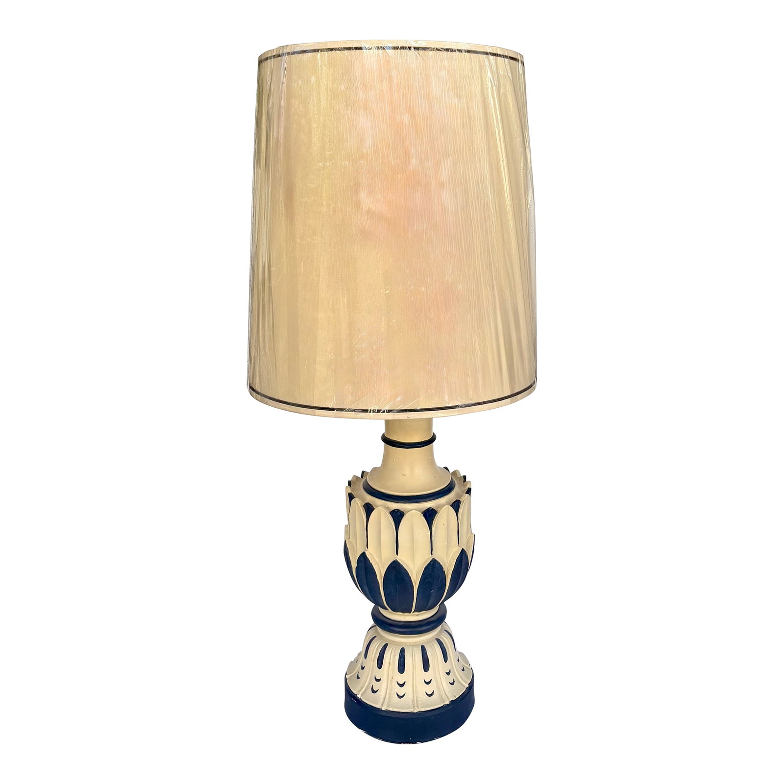 Mid- Century Modern Blue and White Lotus Leaf Plaster Lamp and Shade: This Mid-Century Modern table lamp in the style of The Laurel Lamp Company features a dark blue and creamy white carved plaster base in a lotus leaf design. The custom empire or elongated drum shade