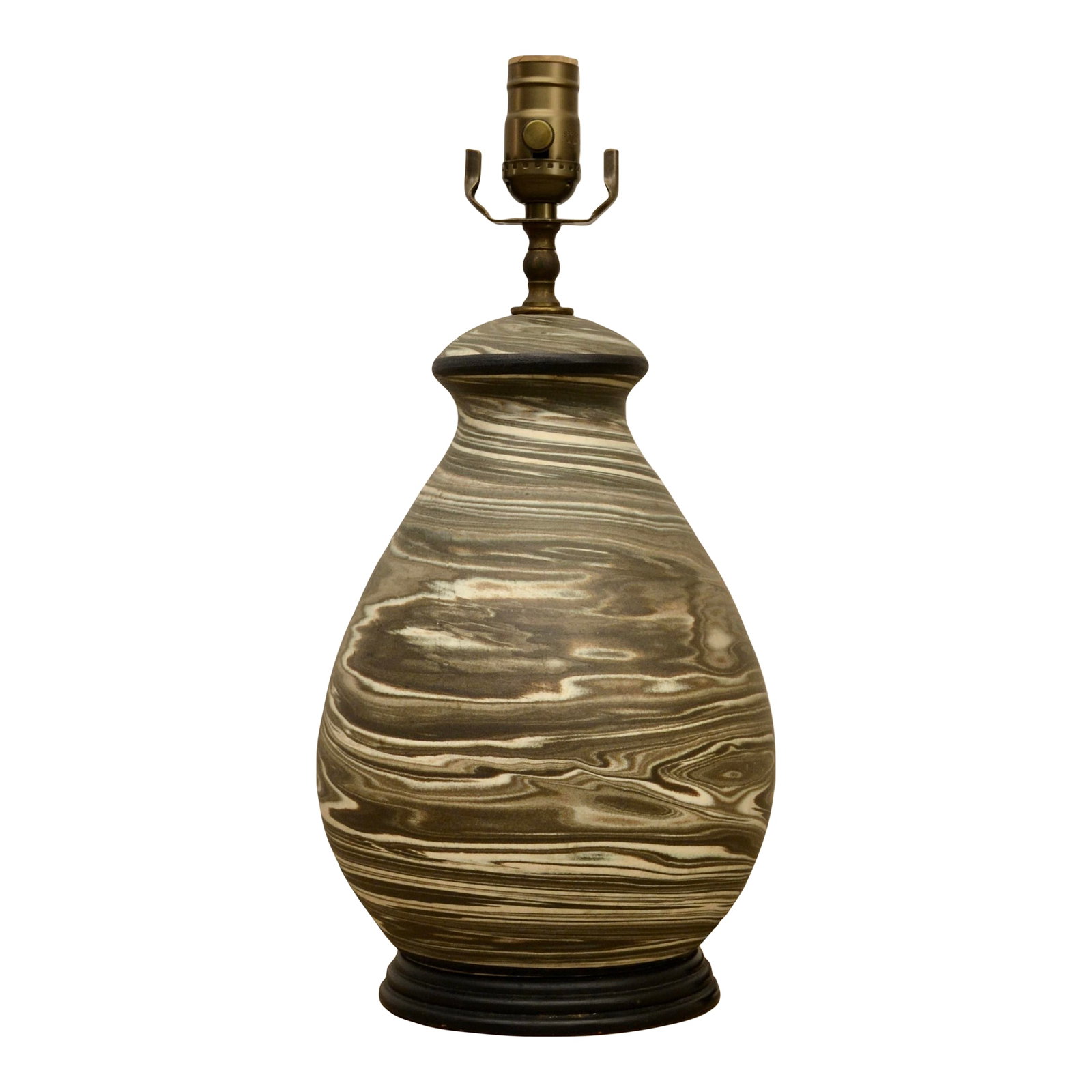 Mid 20th Century Italian Ceramic Table Lamp: Unique italian ceramic table lamp in organic shades of ivory and green on black painted turned wood base. New antique brass hardware dimmer socket and black fabric cording. 8" x 16 1/2" Condition: