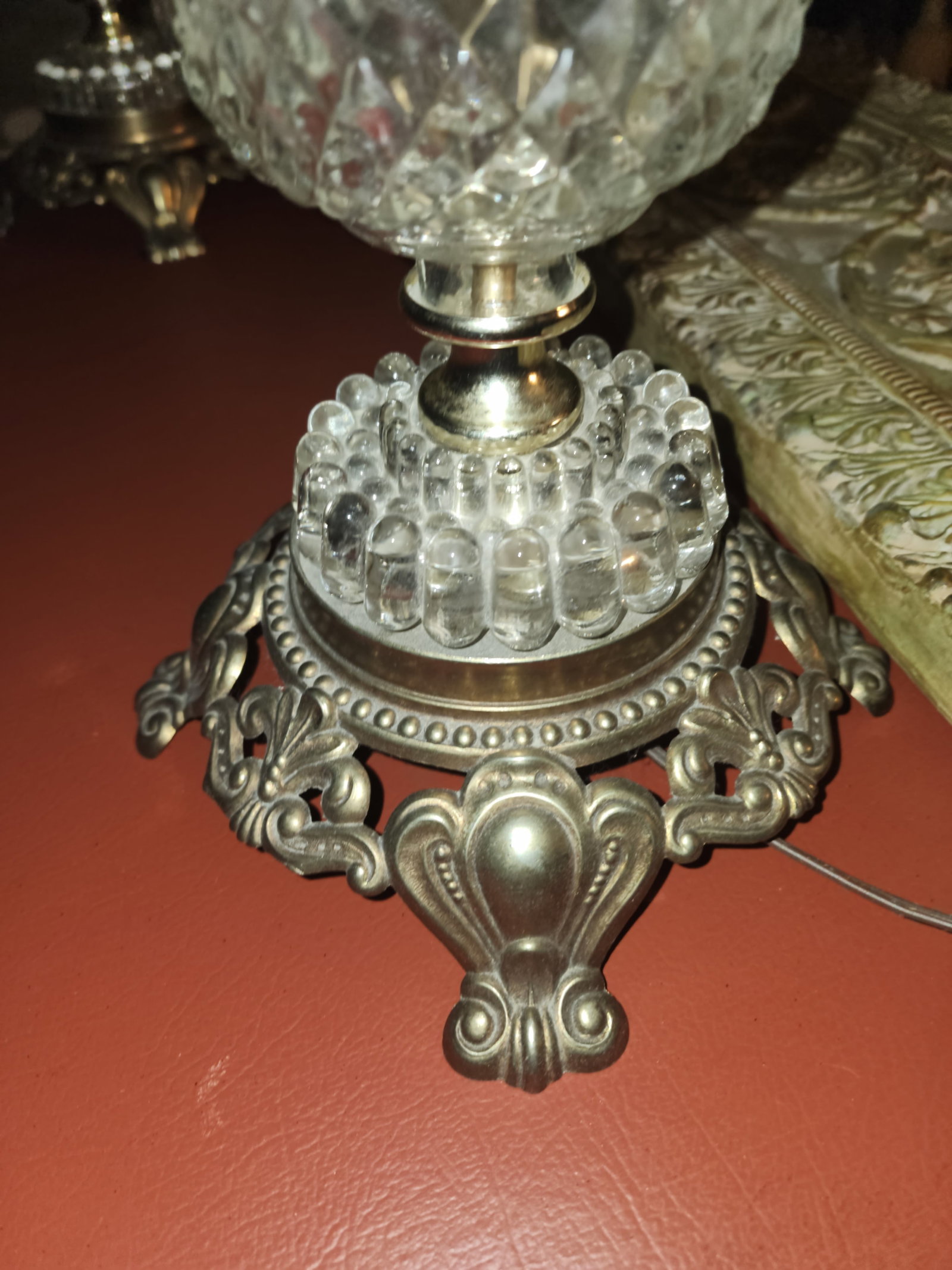 Pair of Vintage 1967 Hollywood Regency Pressed Glass & Ornate Brass Table Lamps - 2