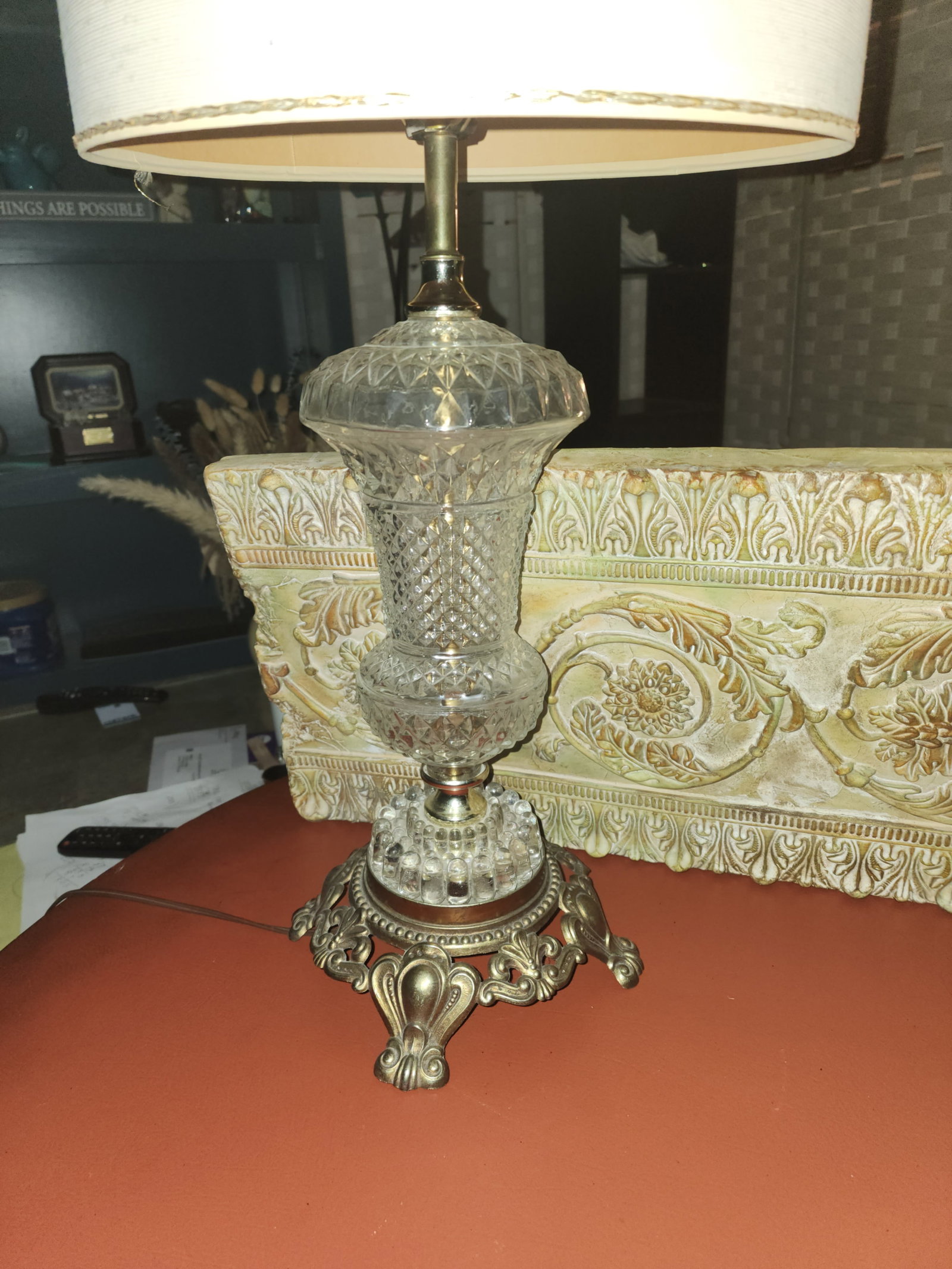 Pair of Vintage 1967 Hollywood Regency Pressed Glass & Ornate Brass Table Lamps - 4