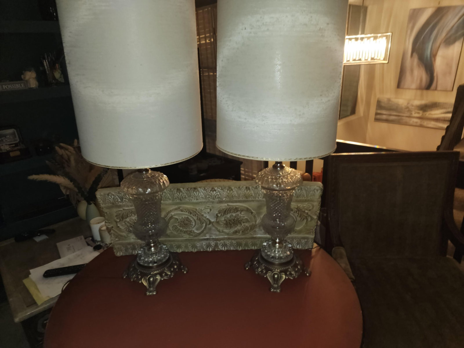 Pair of Vintage 1967 Hollywood Regency Pressed Glass & Ornate Brass Table Lamps - 6