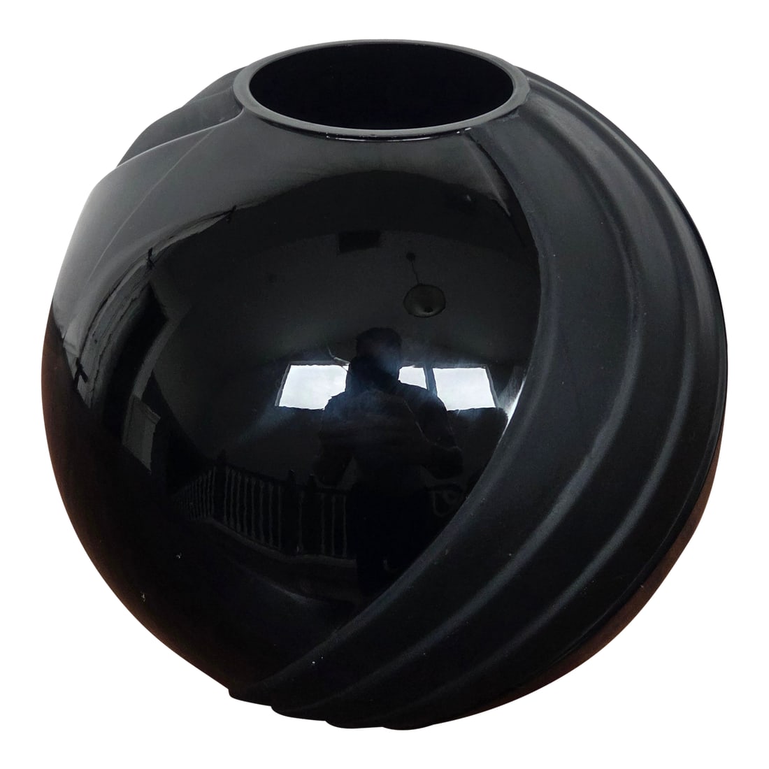 Victorian Art Nouveau Black Amethyst Glass Sculptural Vase: This striking black amethyst glass vessel brings depth, weight, and quiet drama to an interior. Its rounded, sculptural form and rich inky tone read as both elegant and architectural, making it