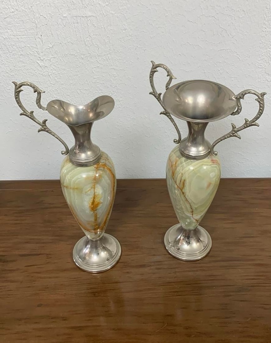 Pair of Vintage Green Onyx Urn Vases With Silver-Toned Handles, Mid-Century Neoclassical - 3