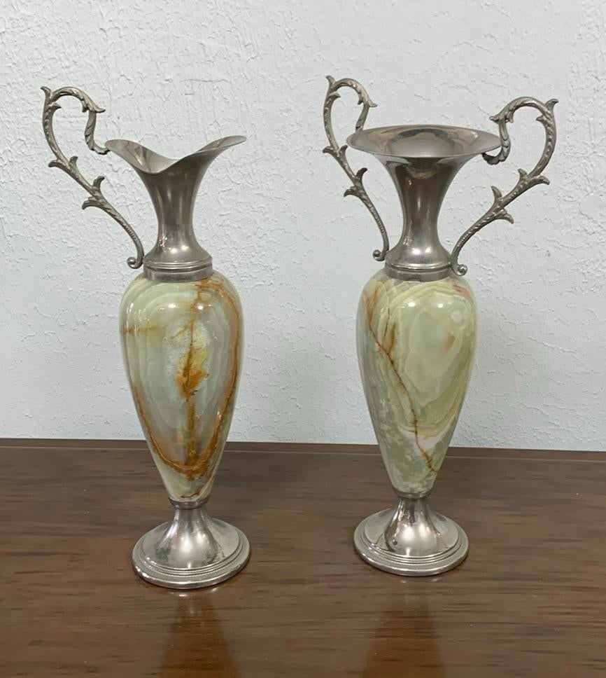 Pair of Vintage Green Onyx Urn Vases With Silver-Toned Handles, Mid-Century Neoclassical - 4