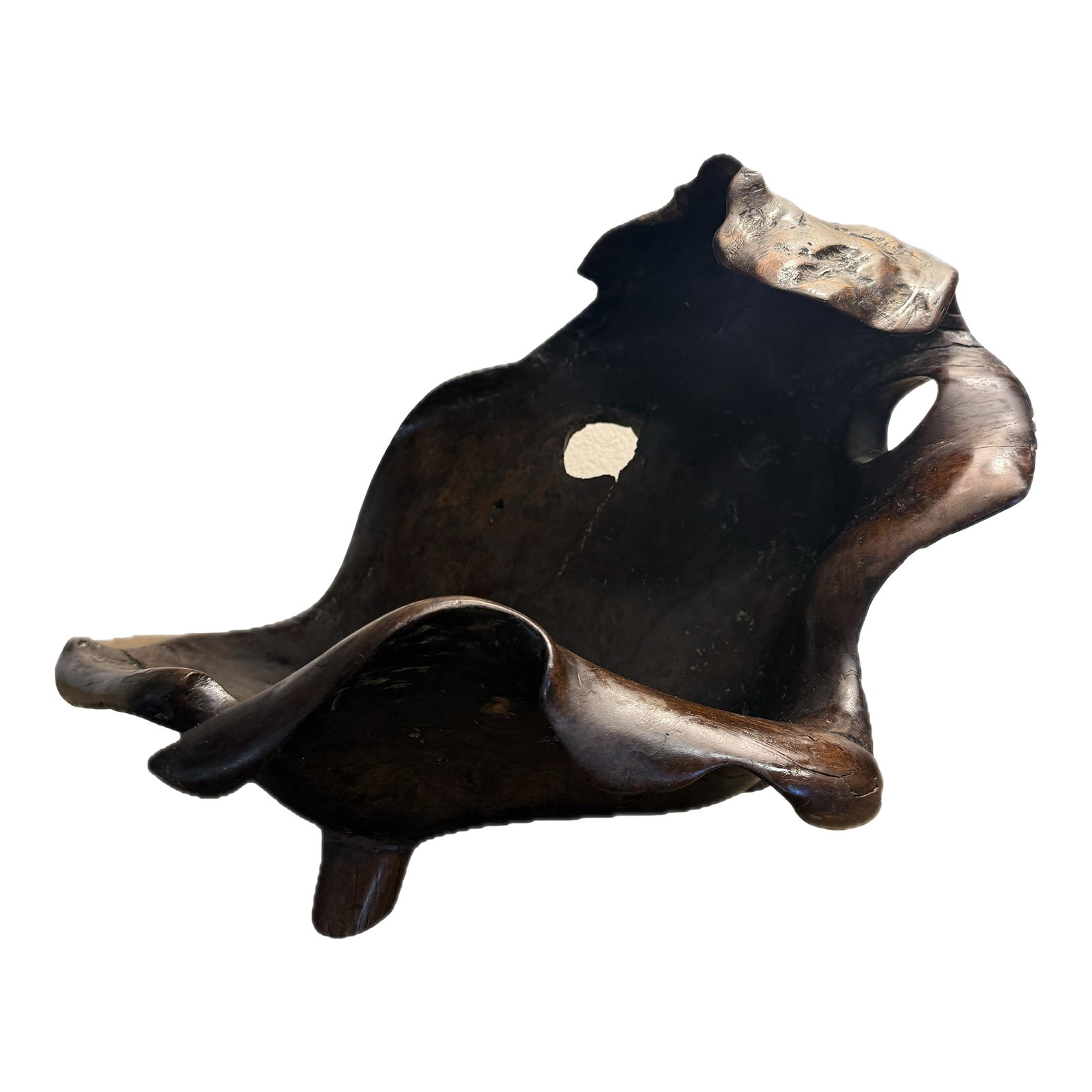Sculptural Mid Century Large Curly Redwood Bowl Sculpture Coastal California Essence: Artfully carved from an intricate redwood burl. There are rich details to drink in from every angle. The artist responded with intention to what the piece of wood had to offer. This large burl- wood