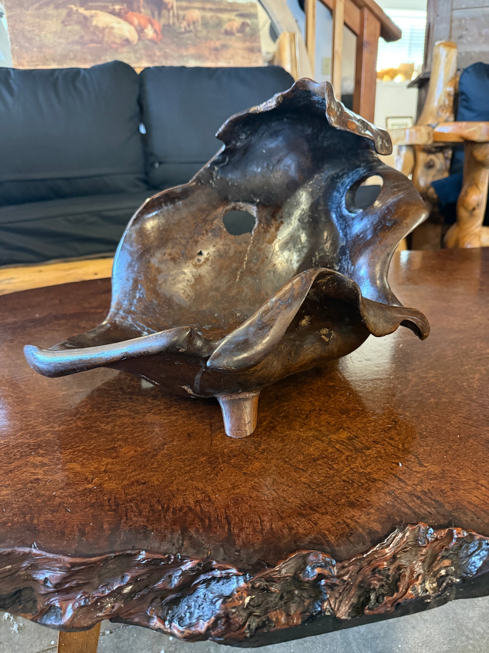 Sculptural Mid Century Large Curly Redwood Bowl Sculpture Coastal California Essence - 7