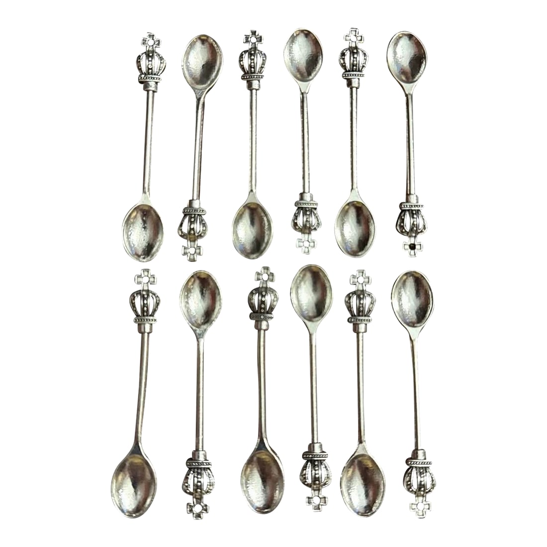 Royal Imperial Crown Salt Spoons - Set of 12: Perfect for your holiday table, a set of 12 silver plated mini salt spoons for your personal salt cellars with decorative Royal crown motif Condition: Alterations: Original Condition Unaltered