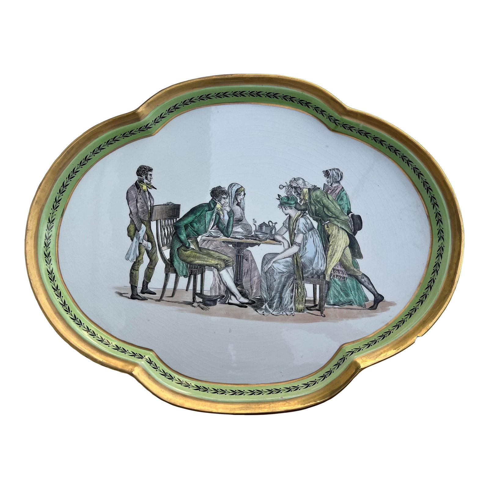 1940s Vintage Porcelain Mottahedeh Italian Tray / Platter: 1940s Vintage porcelain tray or serving platter having a Regency/Empire style social scene. Marked a Mottahedeh Italy. Large in size measuring 13" tall by 17" across. Trimmed with green and gold