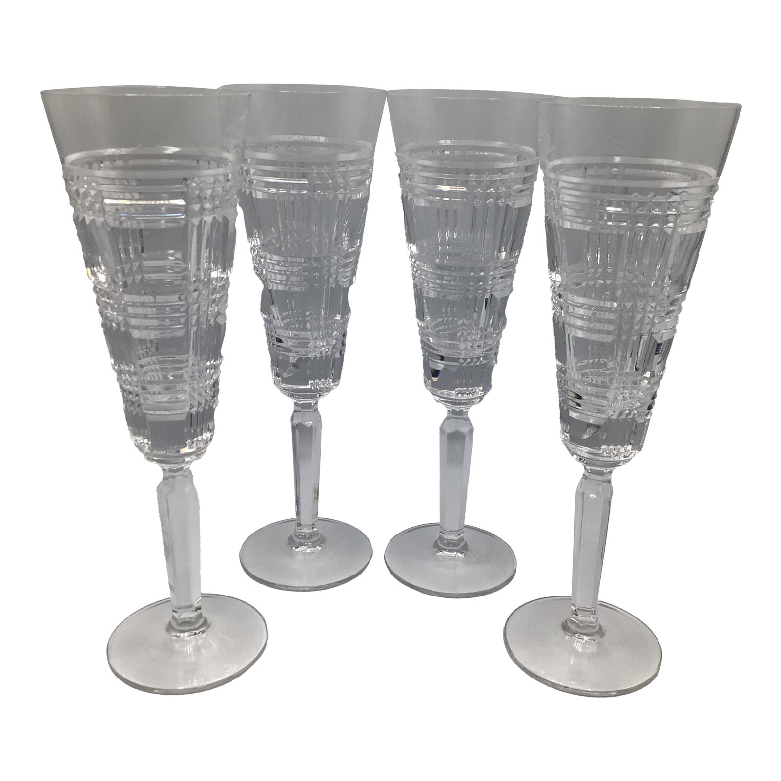 1990s Ralph Lauren Classic Crystal Glen Plaid Champagne Flutes - Set of 4: You know it Ralph Lauren when you see it and hold it. This is a set of 4 classic Ralph Lauren crystal Glen plaid champagne flutes with vertical and horizontal cut lines. Purchased from a private