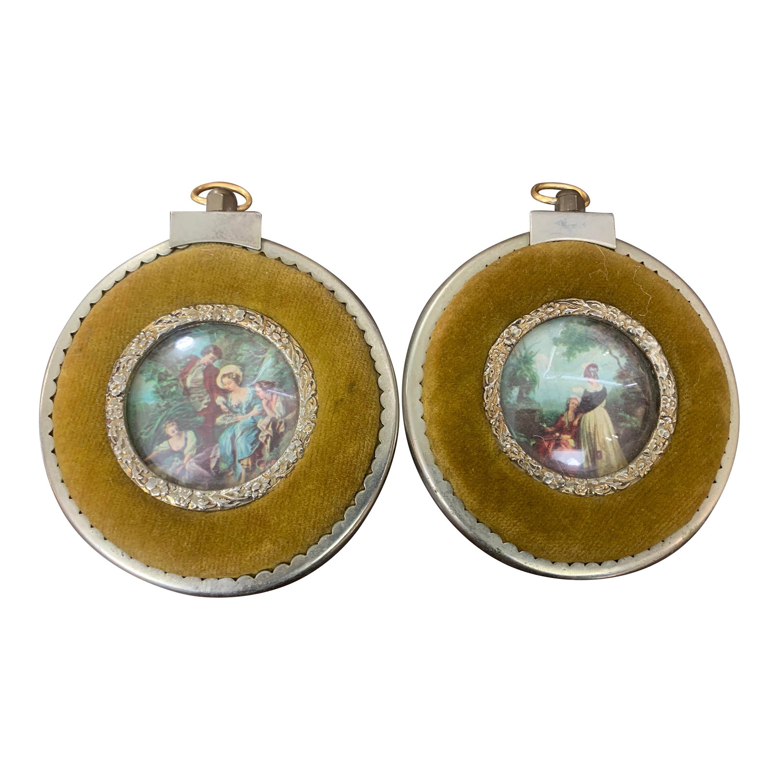 Antique Victorian Velvet Framed Miniature Portraits: Charming set of antique-to-vintage miniature portrait frames featuring romantic, Victorian-style pastoral scenes. Each piece is framed in a soft velvet surround with a decorative metal inner bezel and