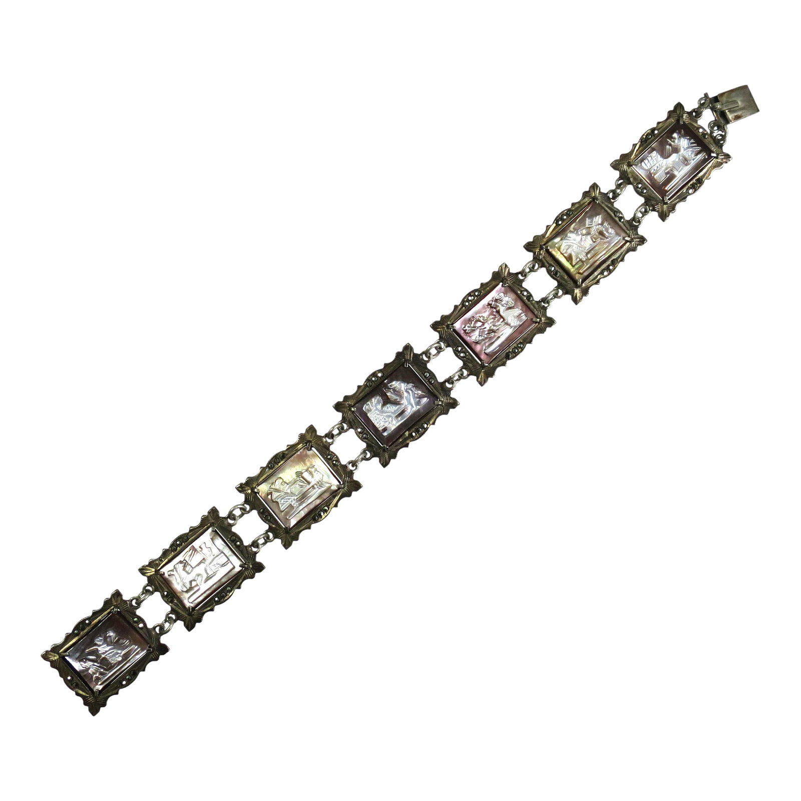 Vintage Art Deco Greco-Roman Gods Shell Cameo Bracelet 1930s: Vintage Art Deco 800 silver, mother-of-pearl shell cameo, and marcasite bracelet, 1930s. Intricately carved frames embellished w/ marcasites enclose mother-of-pearl cameo panels depicting the