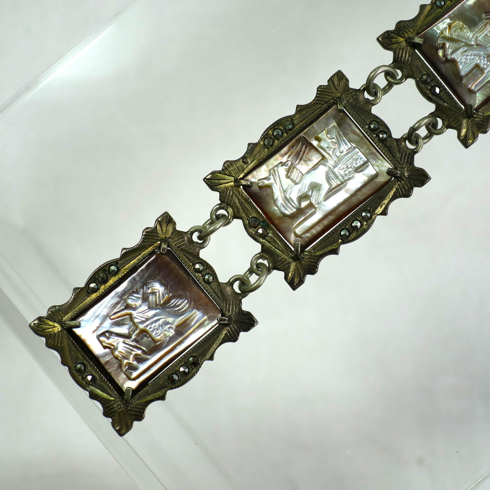 Vintage Art Deco Greco-Roman Gods Shell Cameo Bracelet 1930s - 2