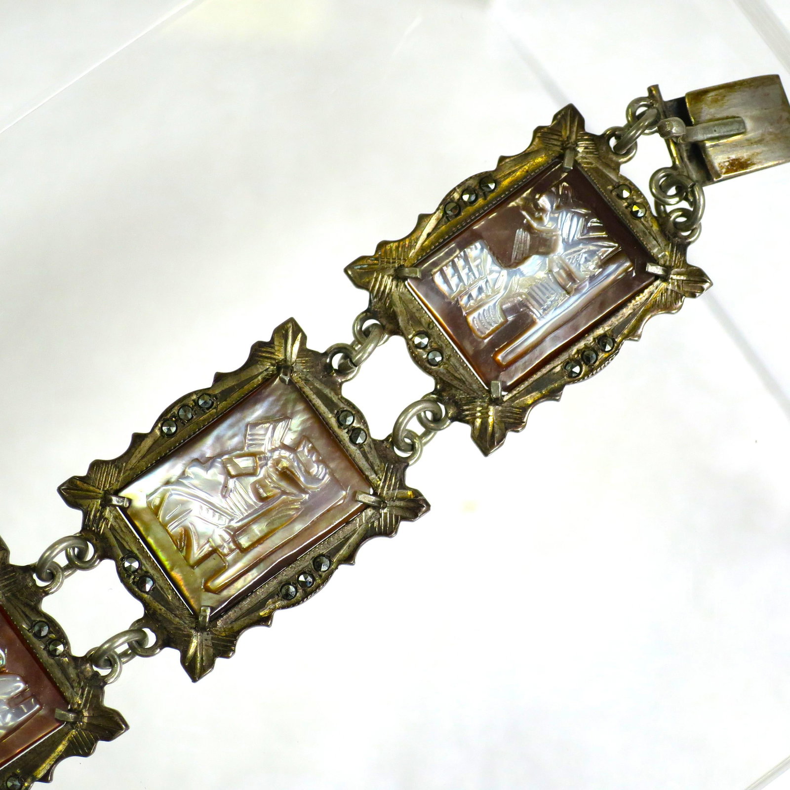 Vintage Art Deco Greco-Roman Gods Shell Cameo Bracelet 1930s - 4