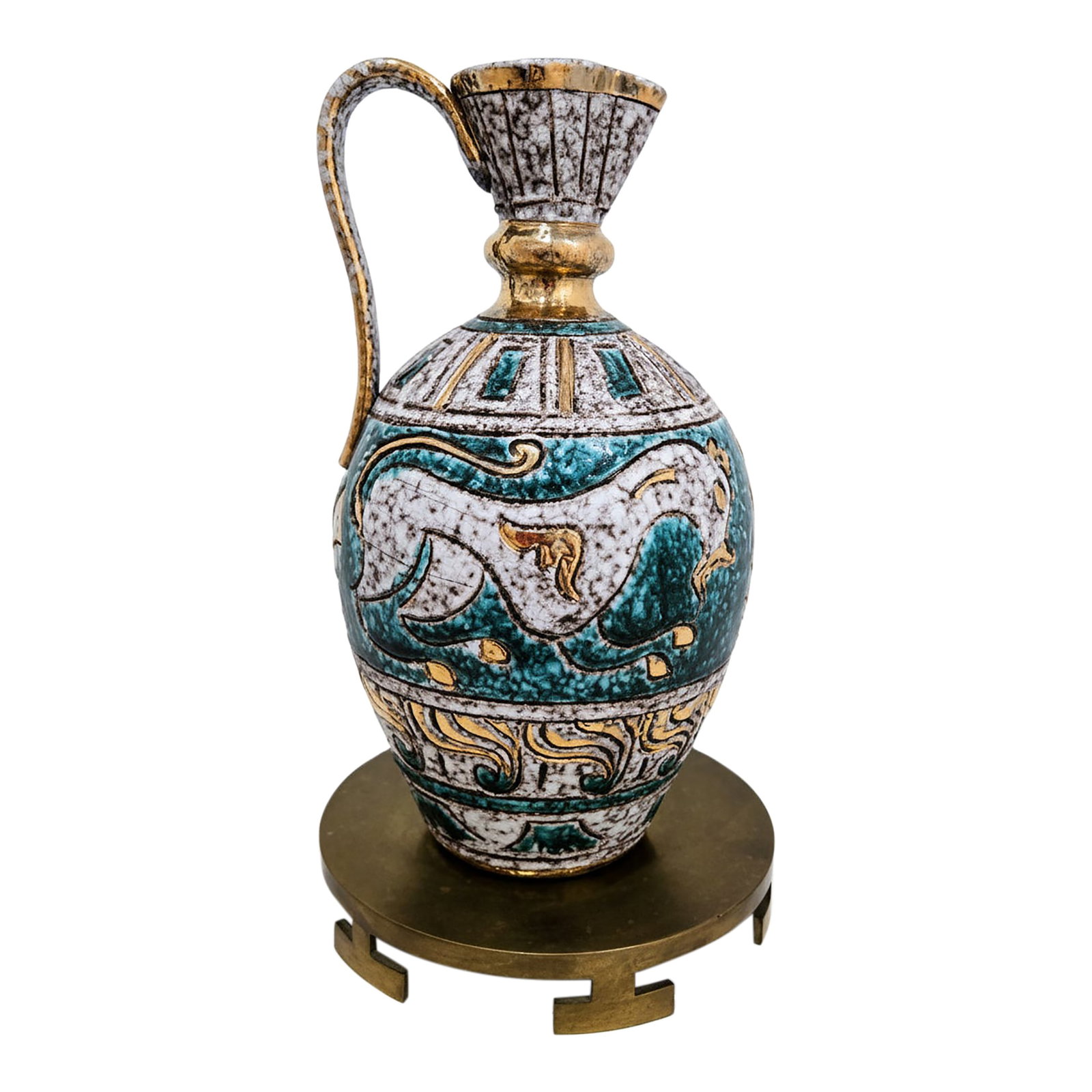 Fratelli Fanciullacci Sgraffito Pottery Ewer - Turquoise & Gold Lava Glaze, Italian Mid-Century: Striking mid-century Italian sgraffito pottery ewer by Fratelli Fanciullacci for Elbee Imports, Italy, featuring a stylized prancing horse in low-relief against a richly textured lava-glaze ground.