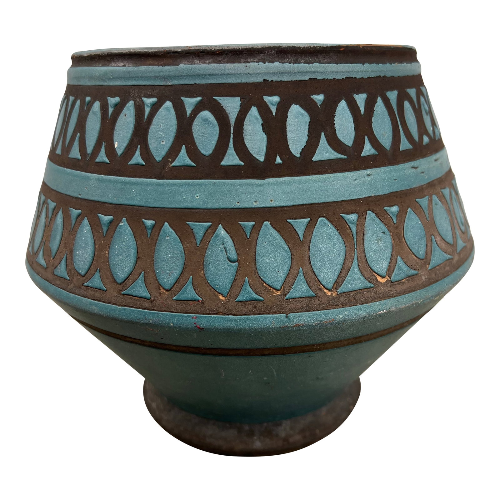 Mid 20th Century Italian Teal Planter With Geometric Design: Beautiful mid-century teal planter pot. Made in Italy marked on Bottom . Has a geometric design. Condition: Alterations: Original Condition Unaltered Imperfections: Some Imperfections Condition