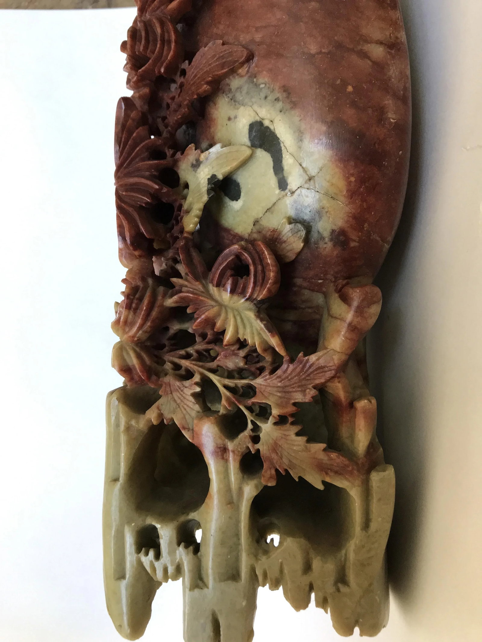 Vintage Soapstone Vase With Chrysanthemums - 12