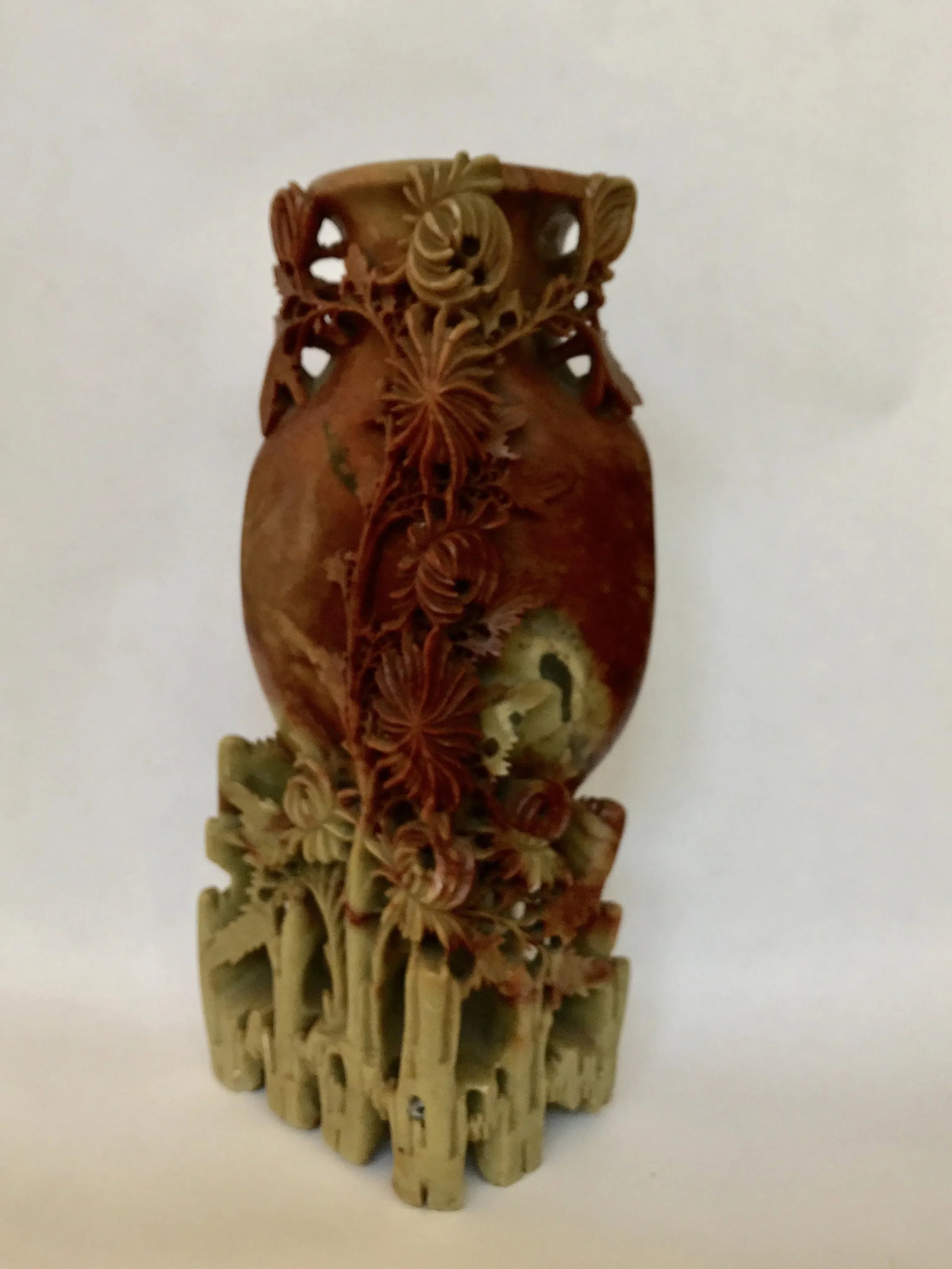 Vintage Soapstone Vase With Chrysanthemums - 13