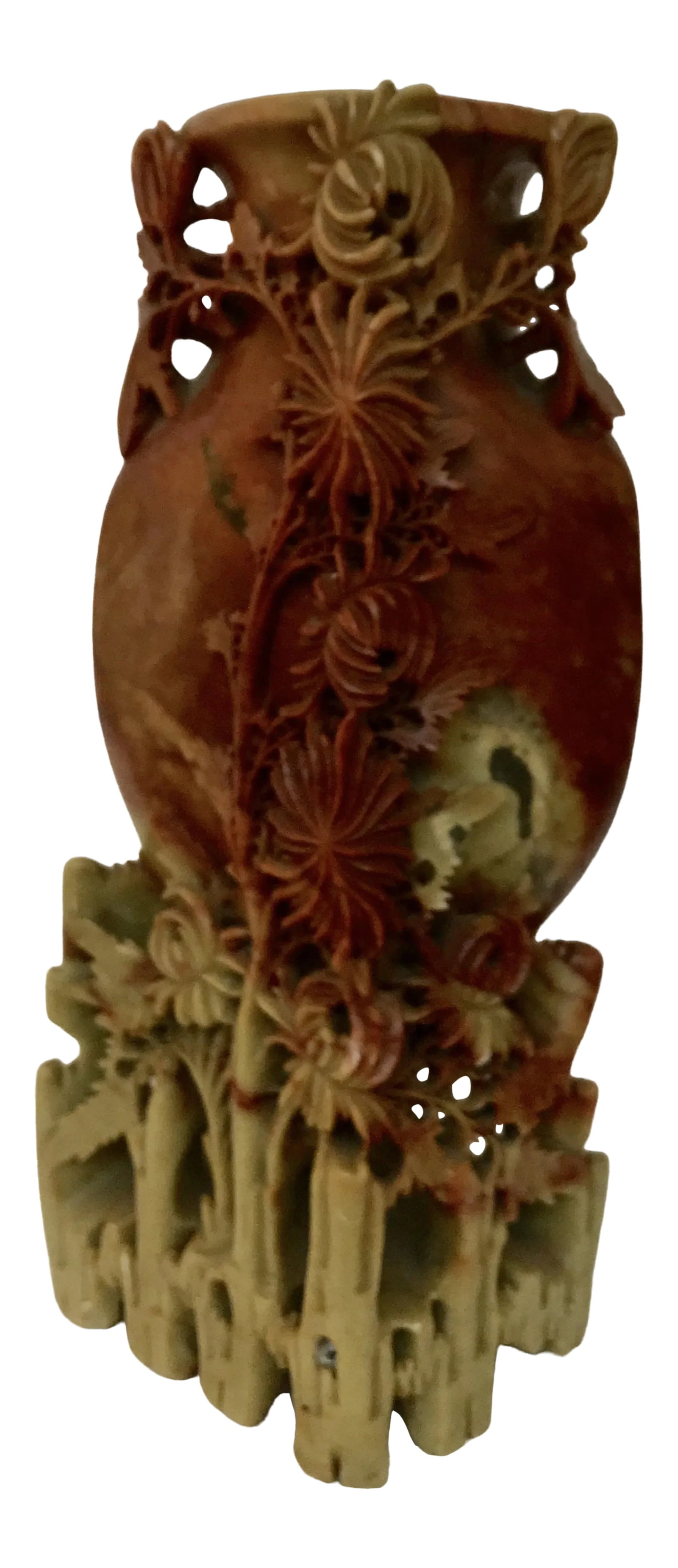 Vintage Soapstone Vase With Chrysanthemums: Soapstone carving was and still is a popular form of Chinese Carving. The colors of soapstone vary a great deal. It can be subtle, like the combination of tan and rust here, or it can be brilliant