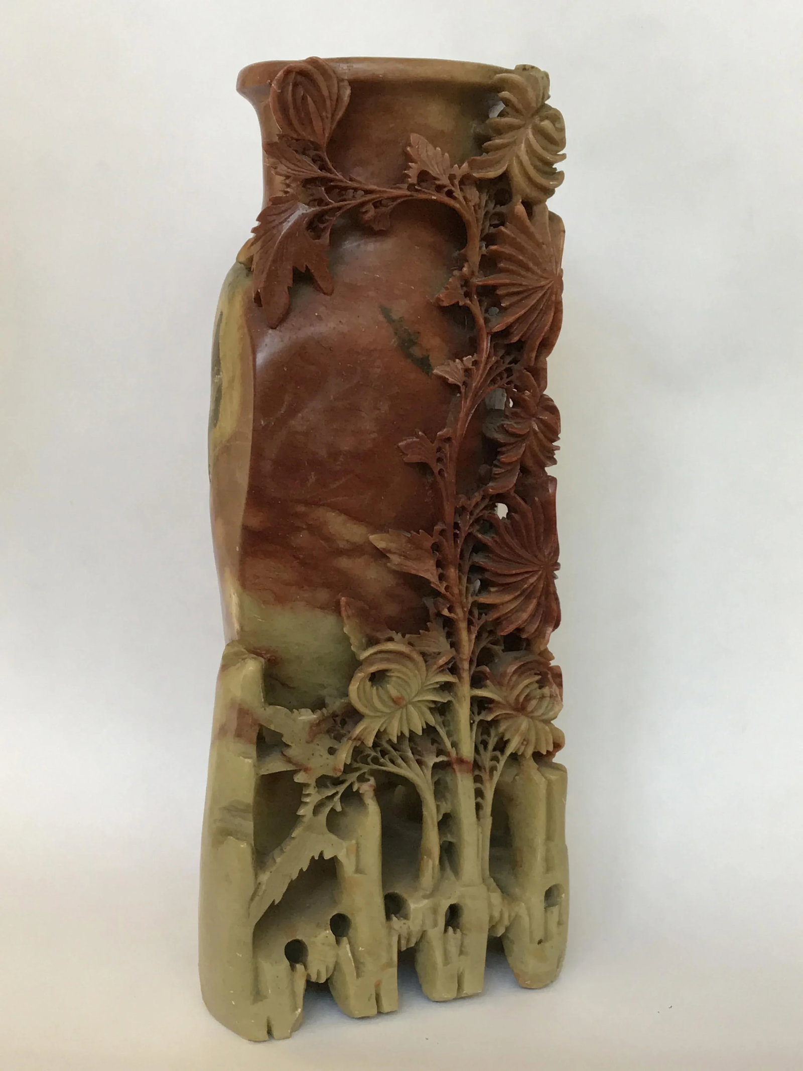 Vintage Soapstone Vase With Chrysanthemums - 2