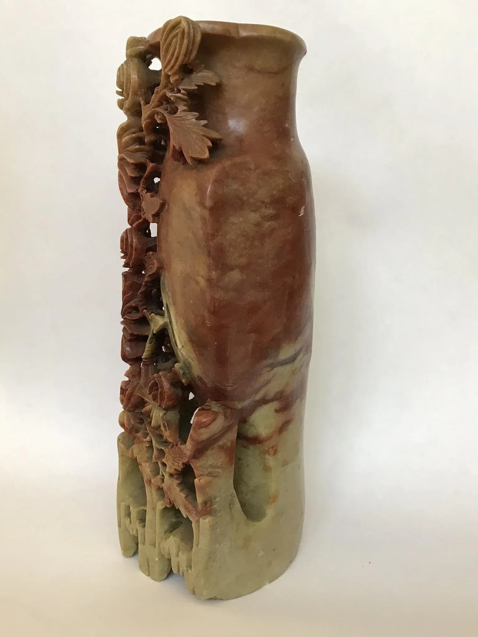 Vintage Soapstone Vase With Chrysanthemums - 4