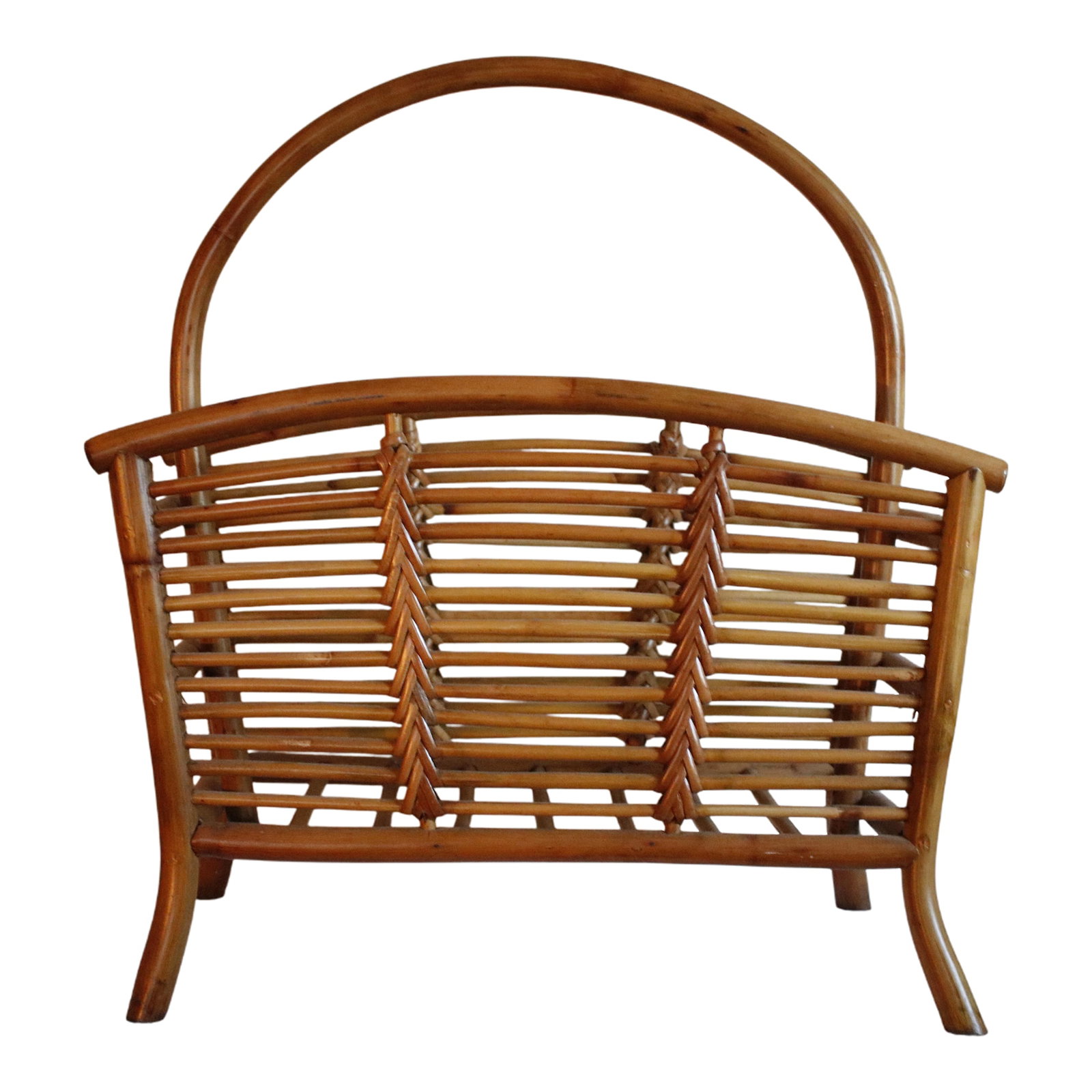 Mid Century Tortoise Bamboo Rattan Magazine Rack After Franco Albini: Elevate a space with this vintage bentwood magazine rack, crafted from warm-toned bamboo and featuring intricate rattan details. This style is attributed to the Italian designer Franco Albini, featuri