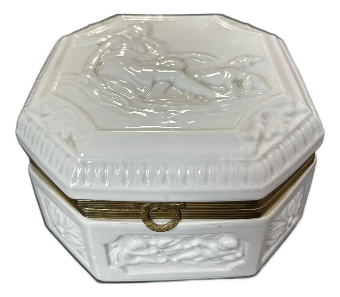 Antique French Blanc De Chine Ironstone With Bronze Dresser Box With Cherubs: Beautiful antique art deco period French blanc de chine dresser box. Features a woman with two hunting dogs on the lid and cherubs on all sides. Bronze fittings and hinge. Condition: Alterations: