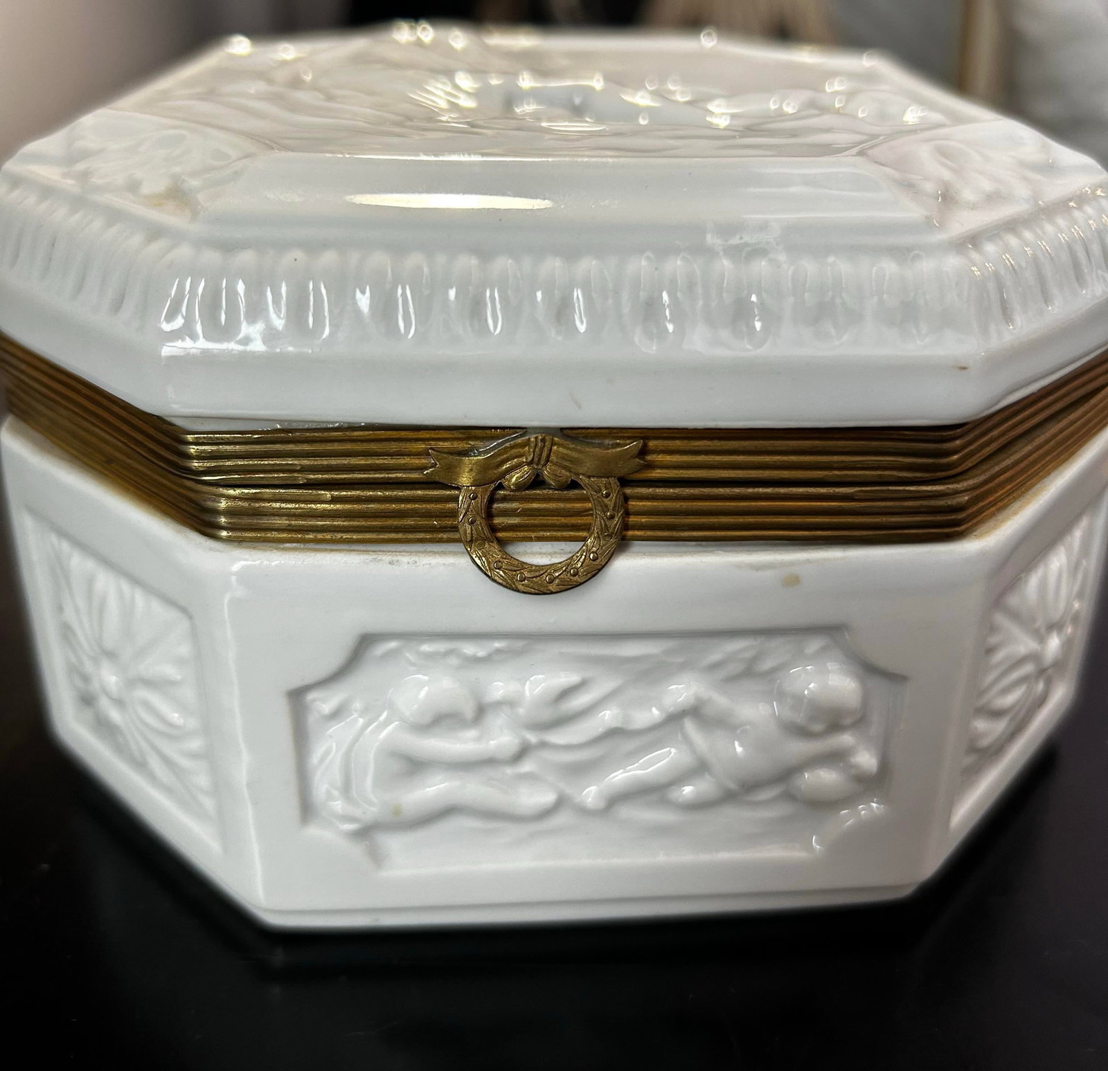 Antique French Blanc De Chine Ironstone With Bronze Dresser Box With Cherubs - 2
