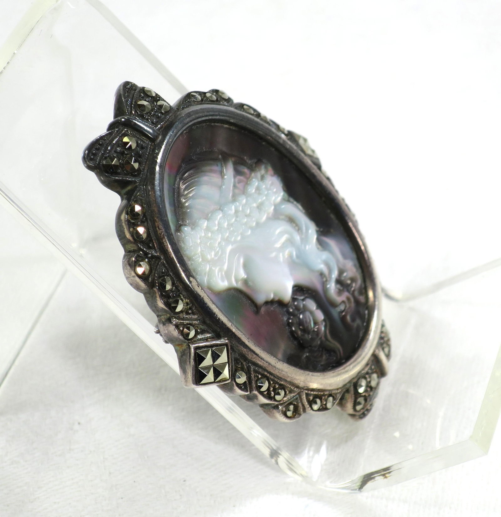 Antique Edwardian Sterling Abalone Marcasite Cameo Brooch 1910s - 2