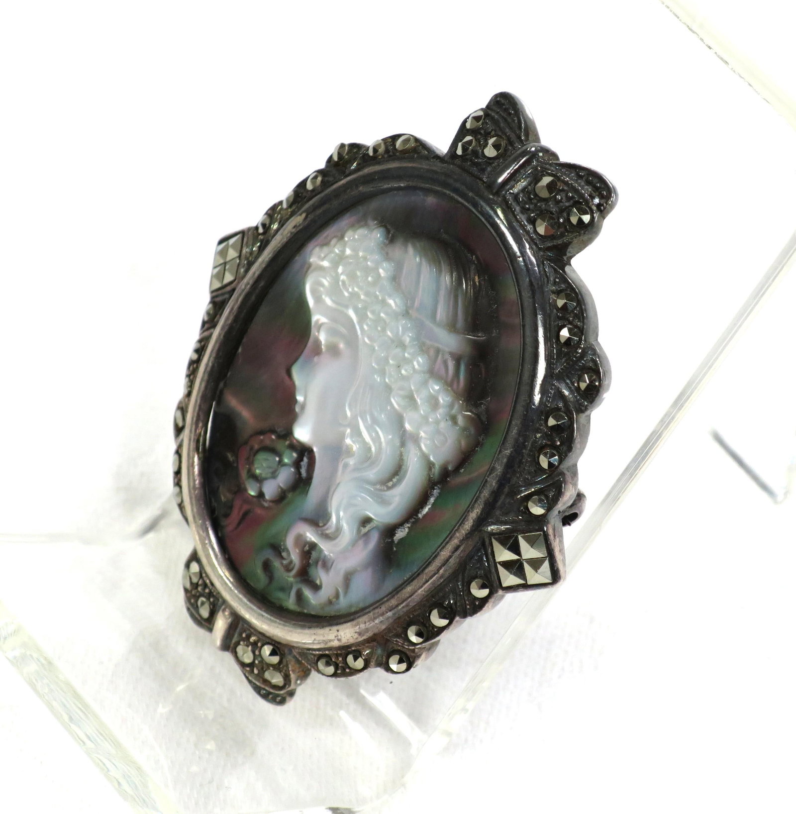 Antique Edwardian Sterling Abalone Marcasite Cameo Brooch 1910s - 3