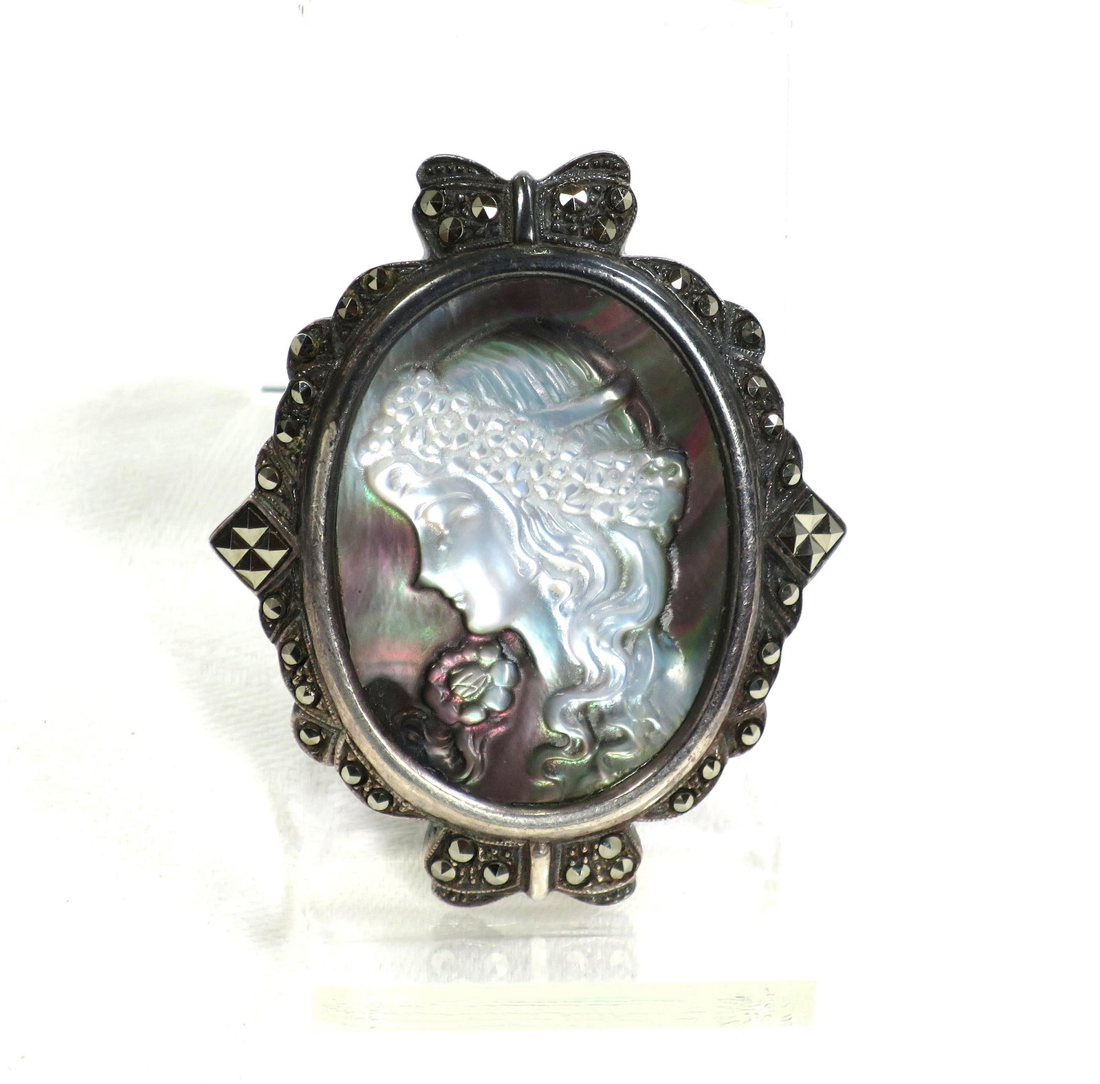 Antique Edwardian Sterling Abalone Marcasite Cameo Brooch 1910s - 4