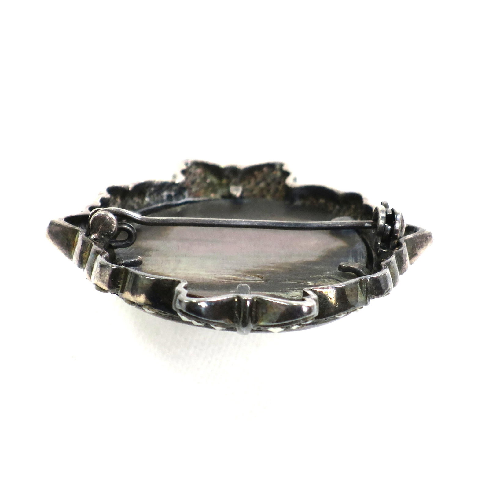 Antique Edwardian Sterling Abalone Marcasite Cameo Brooch 1910s - 6