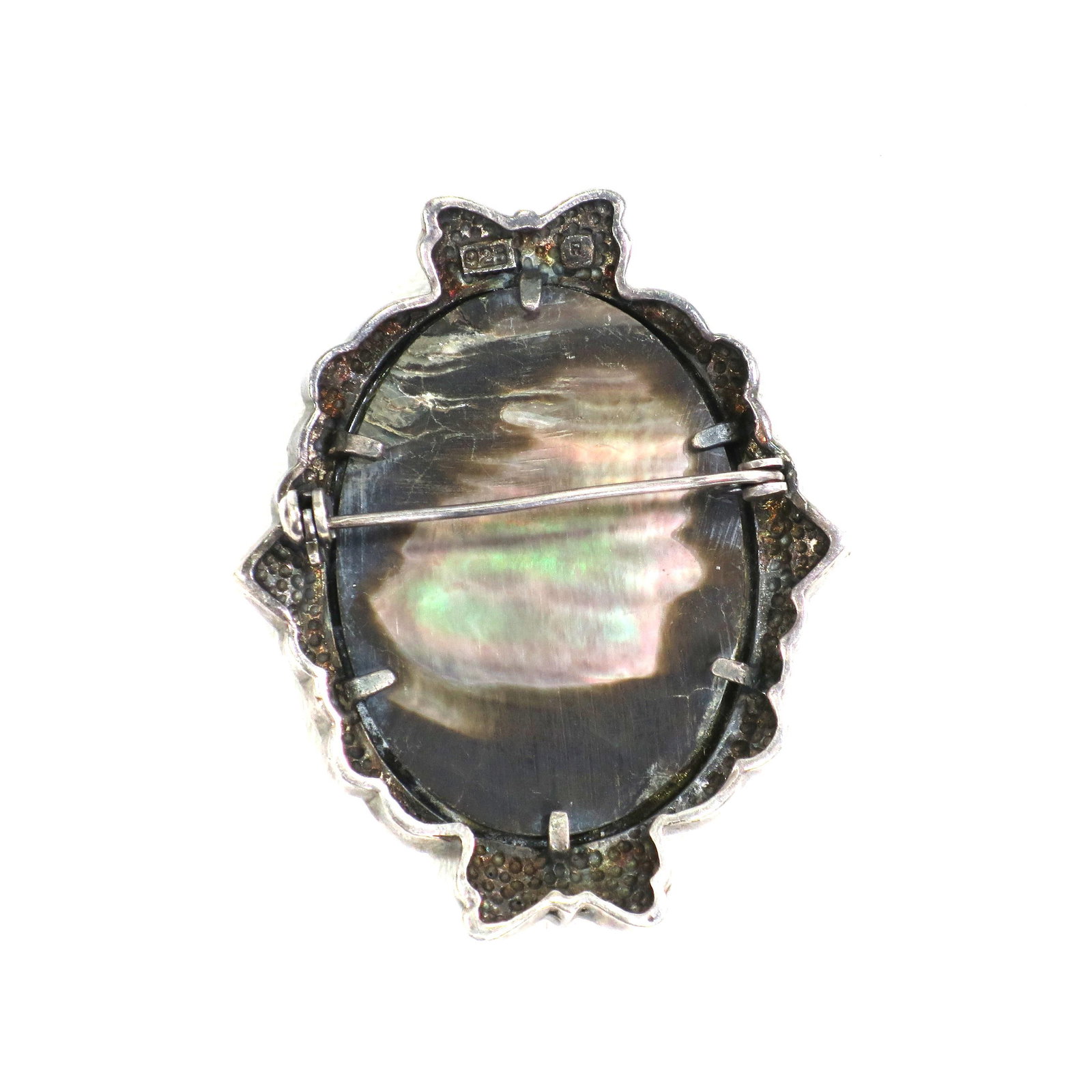 Antique Edwardian Sterling Abalone Marcasite Cameo Brooch 1910s - 7
