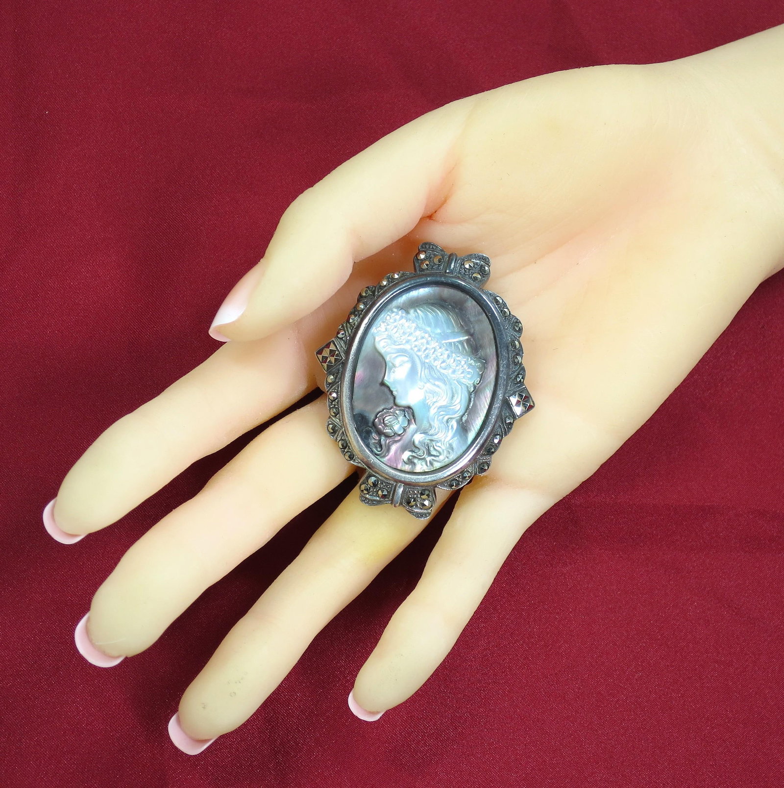 Antique Edwardian Sterling Abalone Marcasite Cameo Brooch 1910s - 9