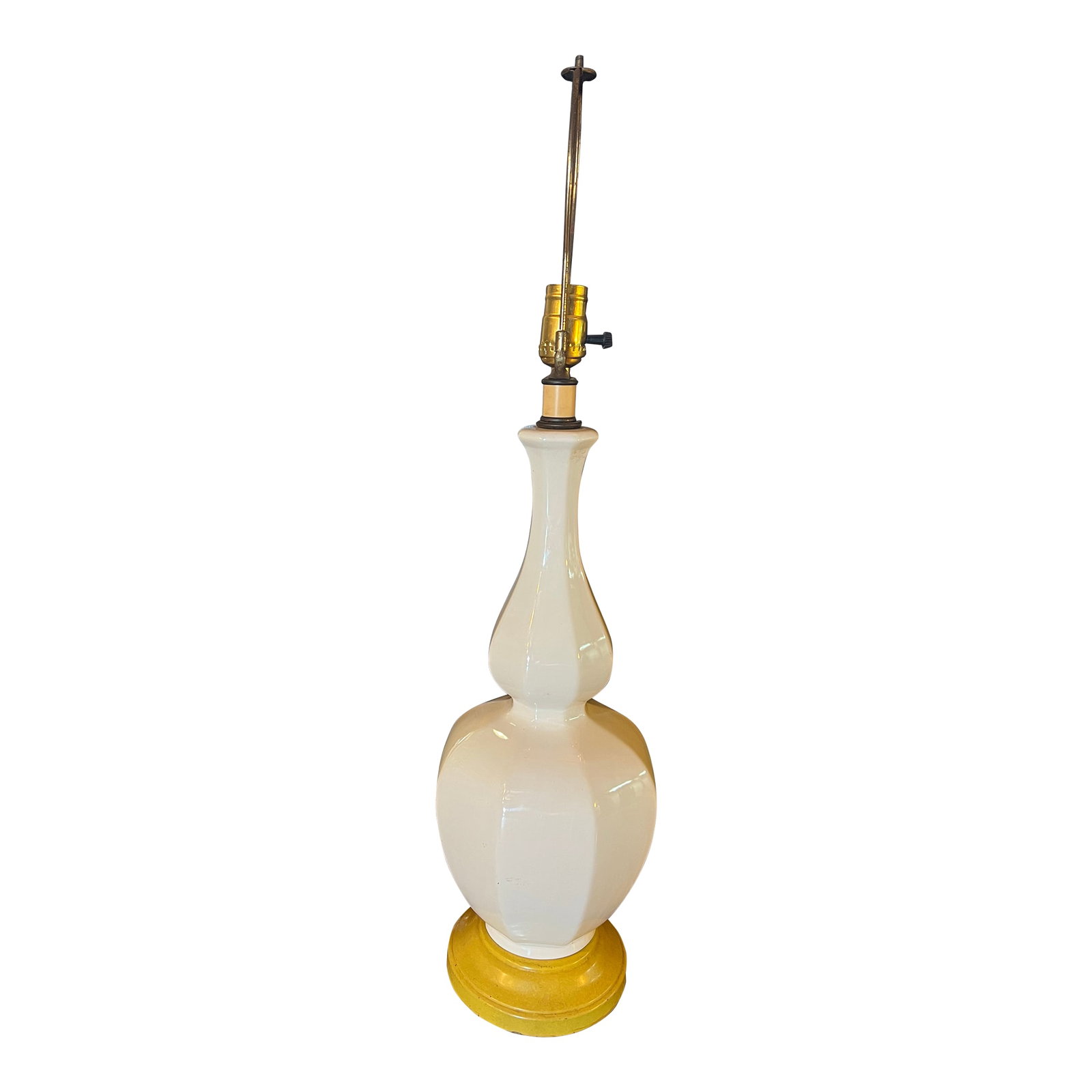 Mid 20th Century Mid Century Modern Ceramic Double Gourd Lamp: The is cream color double gourd ceramic body in a cream color. The body has about 8" diameter. Base is painted metal in mustard gold color with 6.5" round diameter. Condition: Alterations: Original