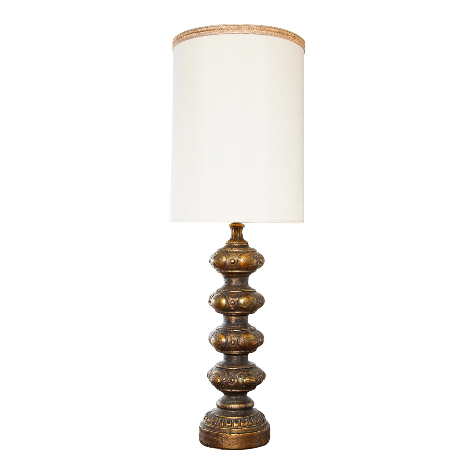 Brutalist Table Lamp by Feldman: Mid-Century table lamp by The Feldman Company of Los Angeles California. Impressive statement lamp with heavily textured cast metal bronze and gold brutalist finish and Hollywood Regency grandeur.