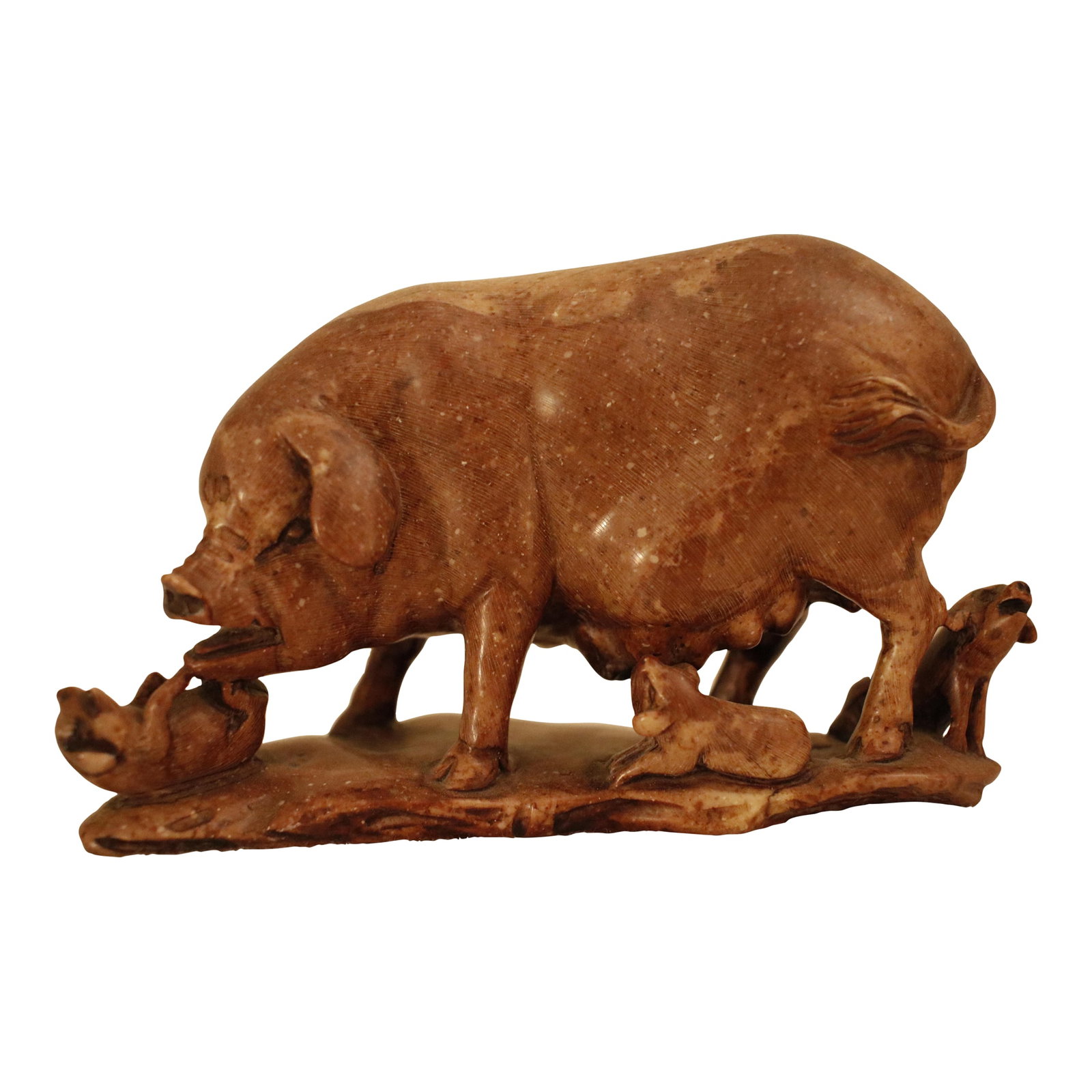 Antique Late Qing Chinese Shoushan Soapstone Sculpture of a Sow With Piglets, Signed: Offered for the discerning collector, this a superb example of Late Qing Dynasty Chinese artisan craftsmanship. The bottom has markings , including the artist's signature. The piece captures a tender