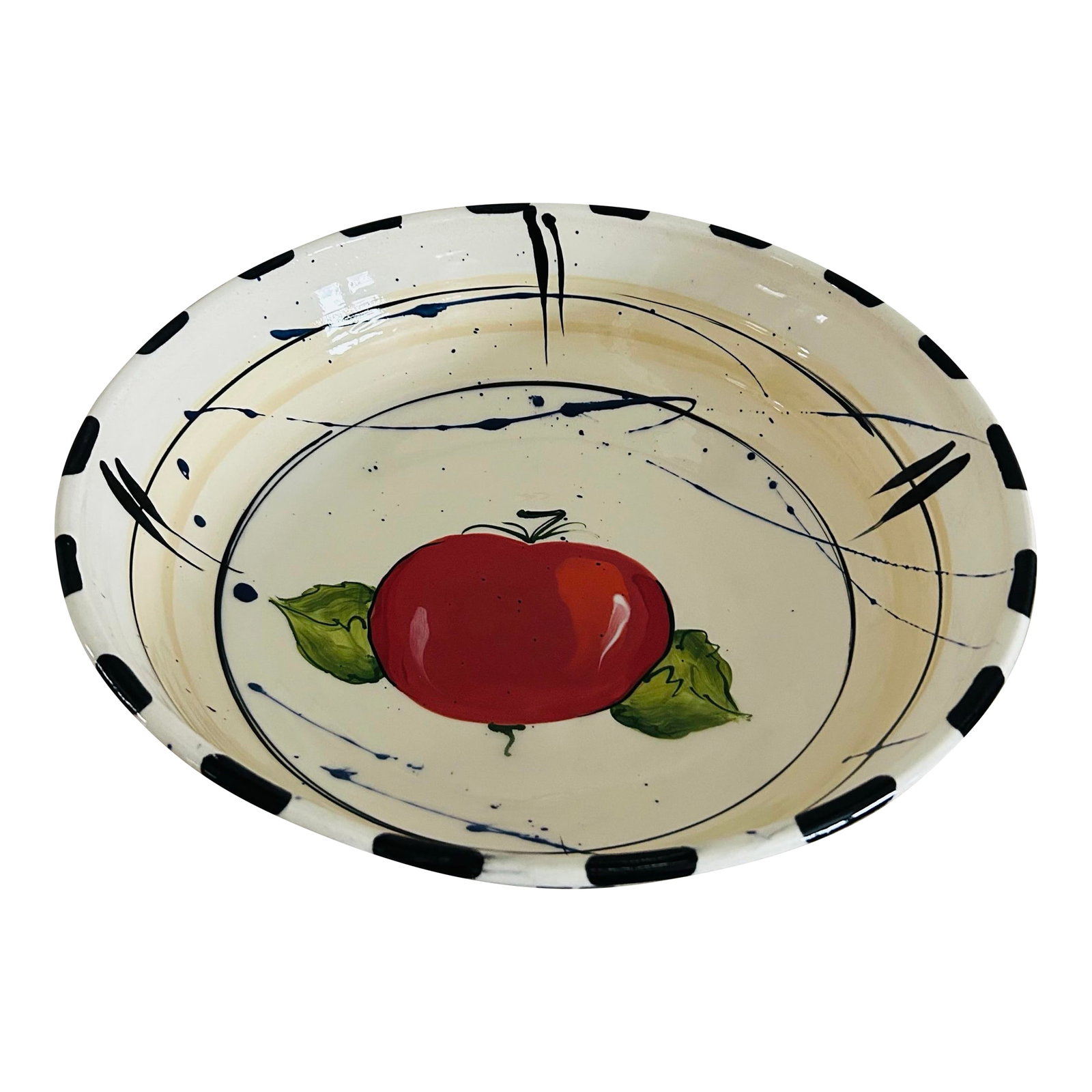 Large Tomato Pasta Bowl Earthenware Studio Pottery by Donna Toohey: Art for the table extra large pasta bowl by ceramic artist Donna Toohey. Handmade and hand painted. Features an abstract tomato design with back & white checks at the edge. Signed on the bottom.