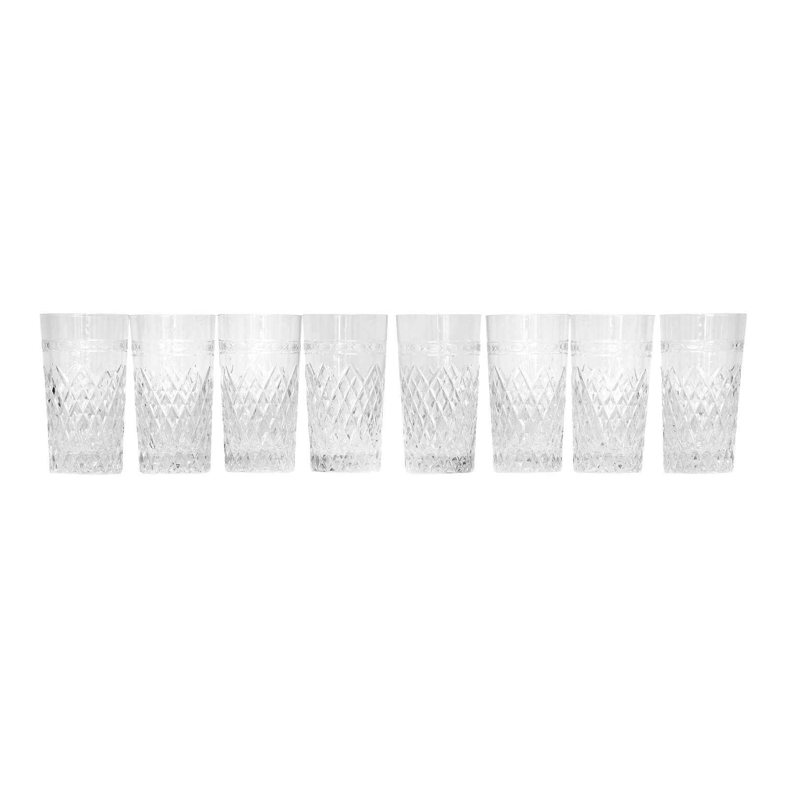 Late 20th Century Wedgewood "Cheslyn" Crystal 5oz Tumblers With Diamond Cut Pattern; Set of 8: Set of 8 Wedgewood crystal drinking glasses feature a classic heavy diamond cut pattern below the oval cut band detail near the rim. The faceted body catches & reflects light beautifully. These